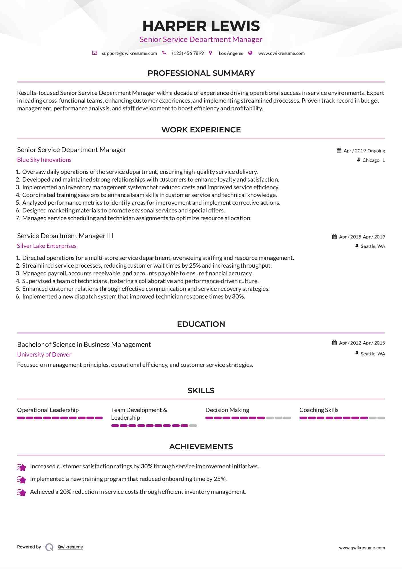 Senior Service Department Manager Resume Template