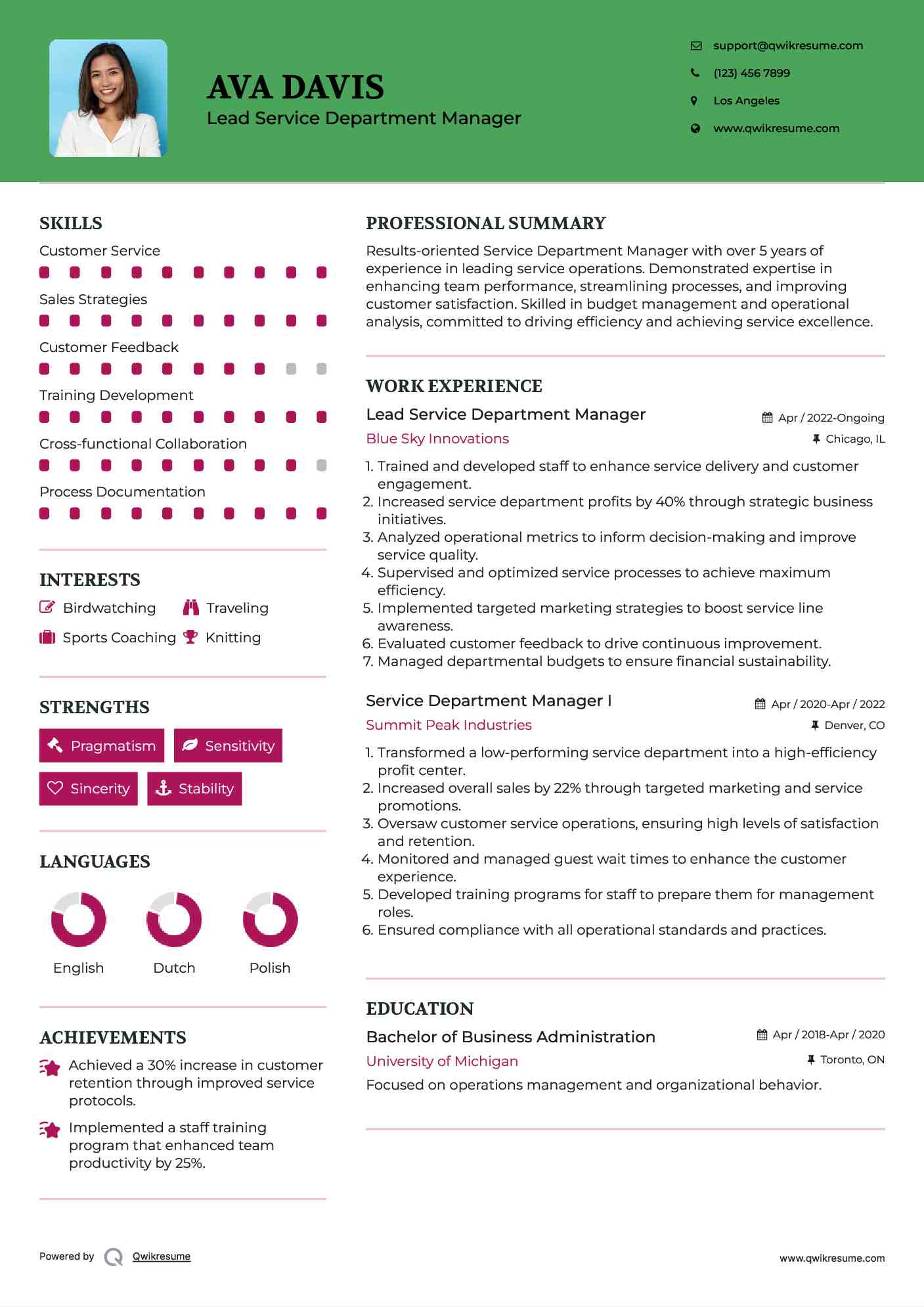 Lead Service Department Manager Resume Model