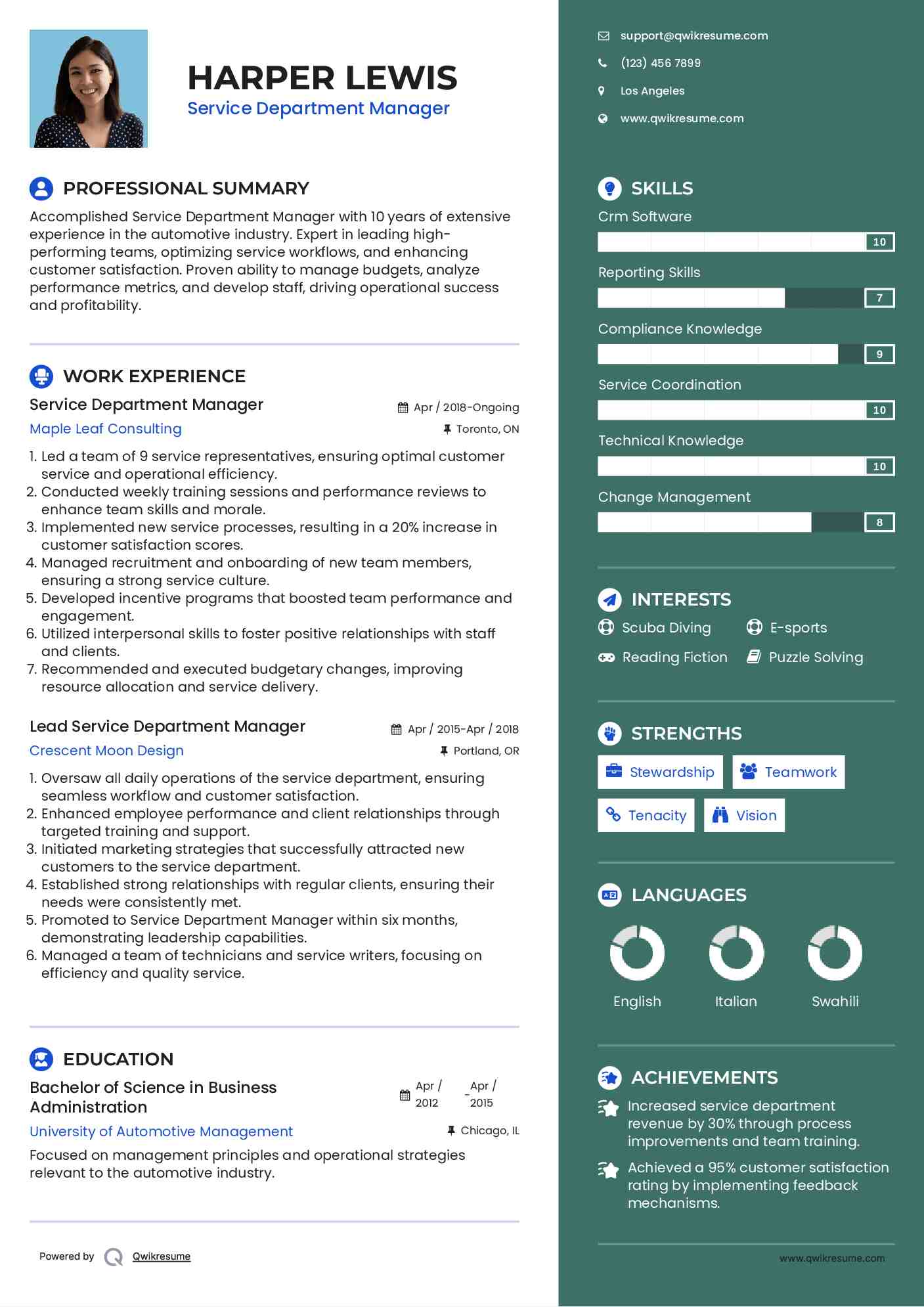 Service Department Manager Resume Model