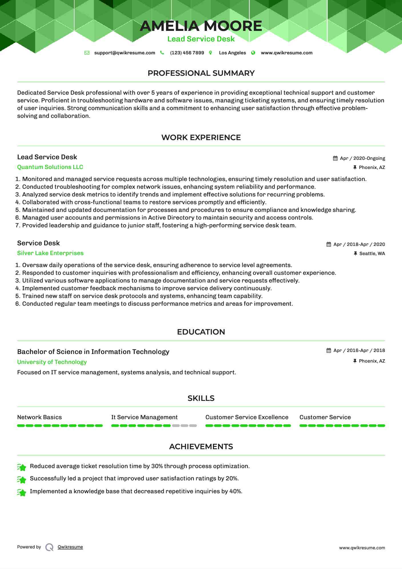 Lead Service Desk Resume Template