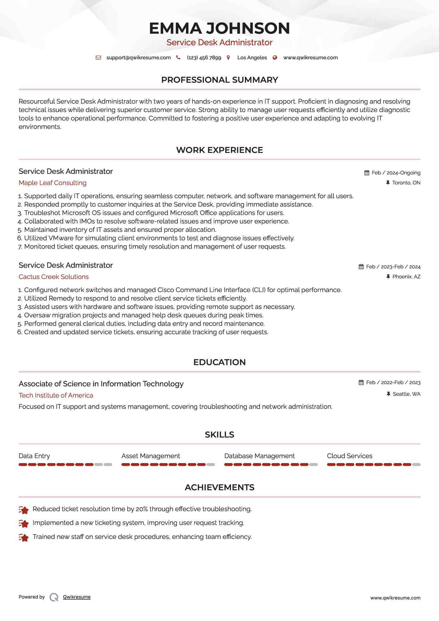 Service Desk Administrator Resume Model