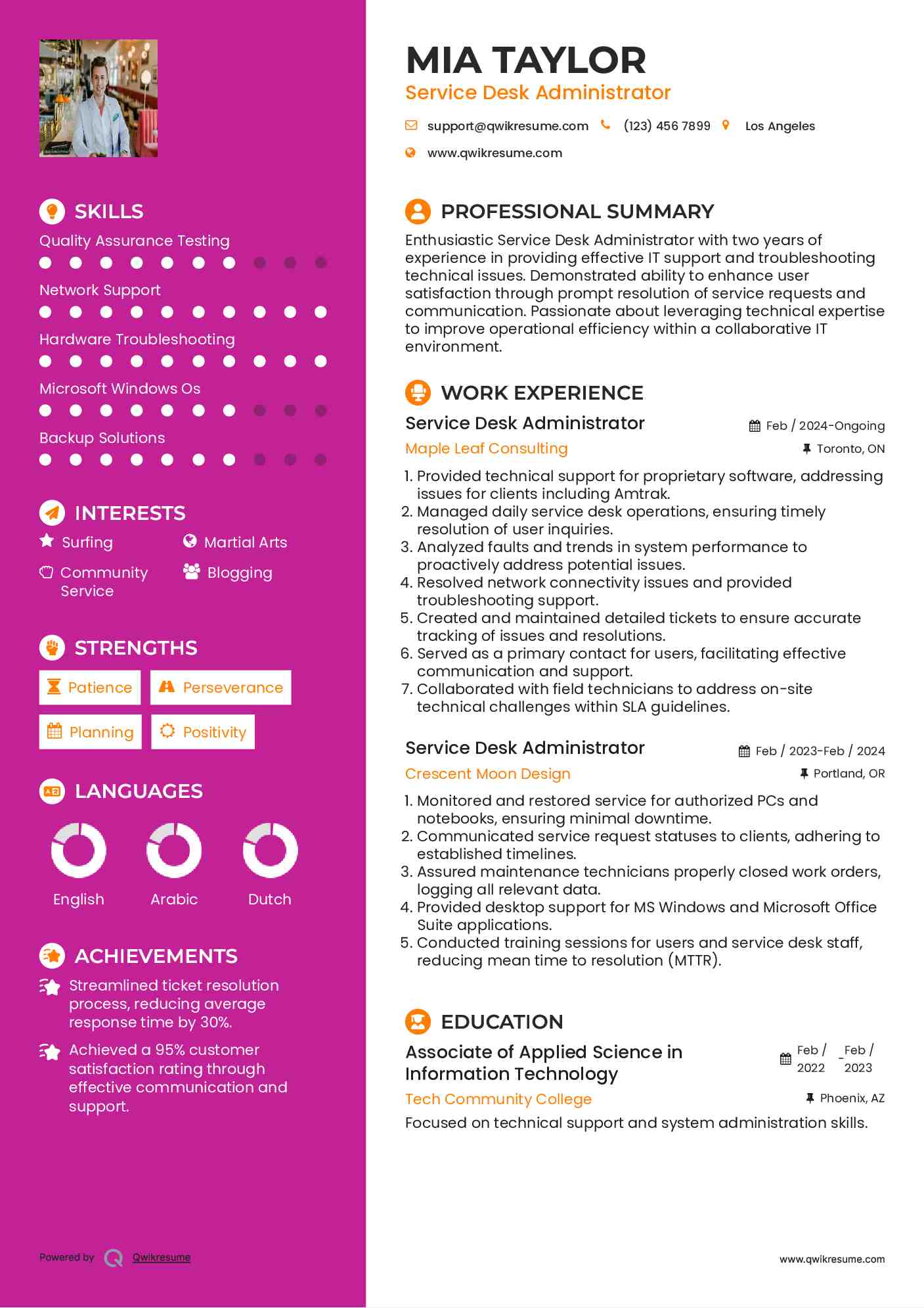 Service Desk Administrator Resume Example