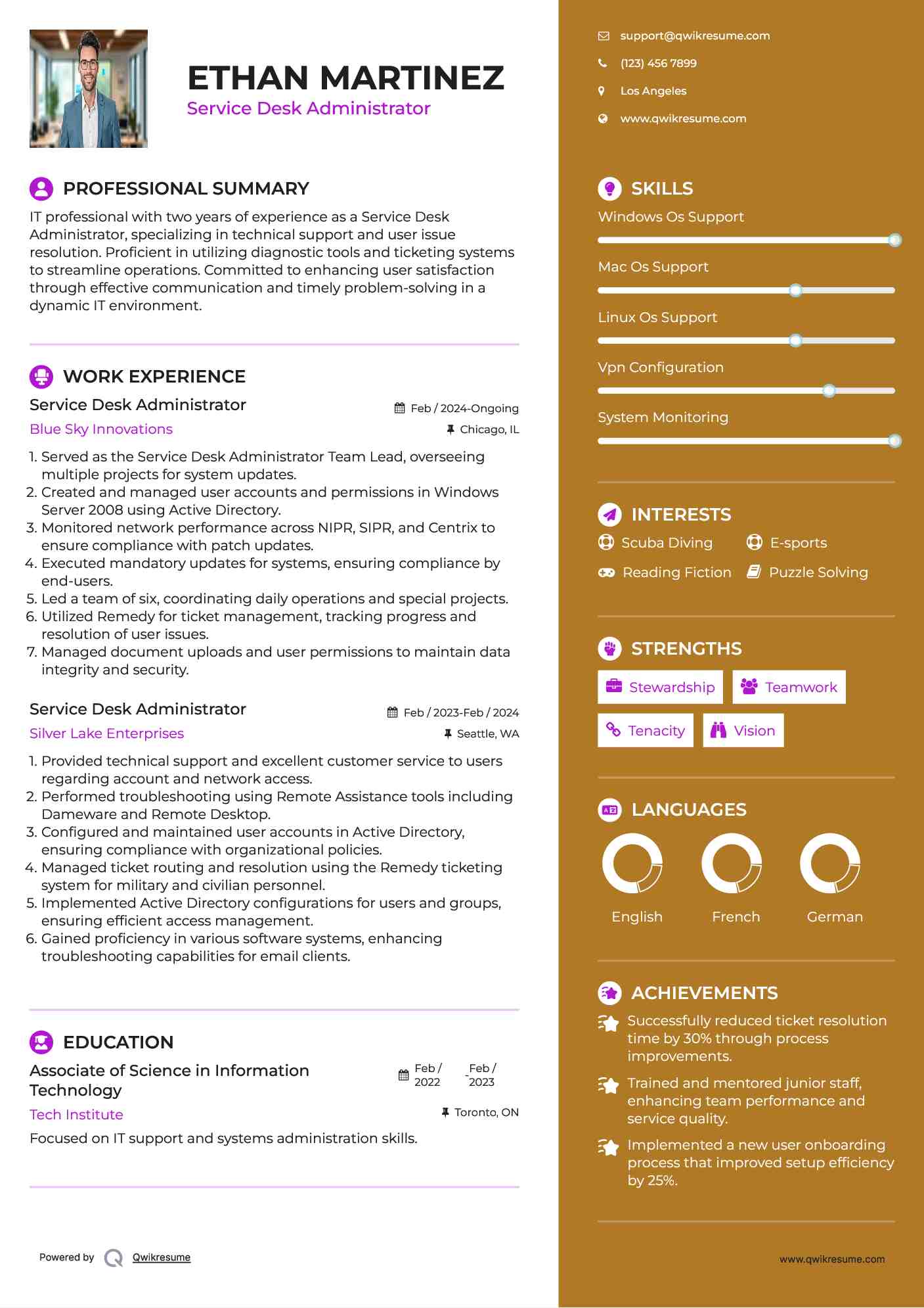Service Desk Administrator Resume Example