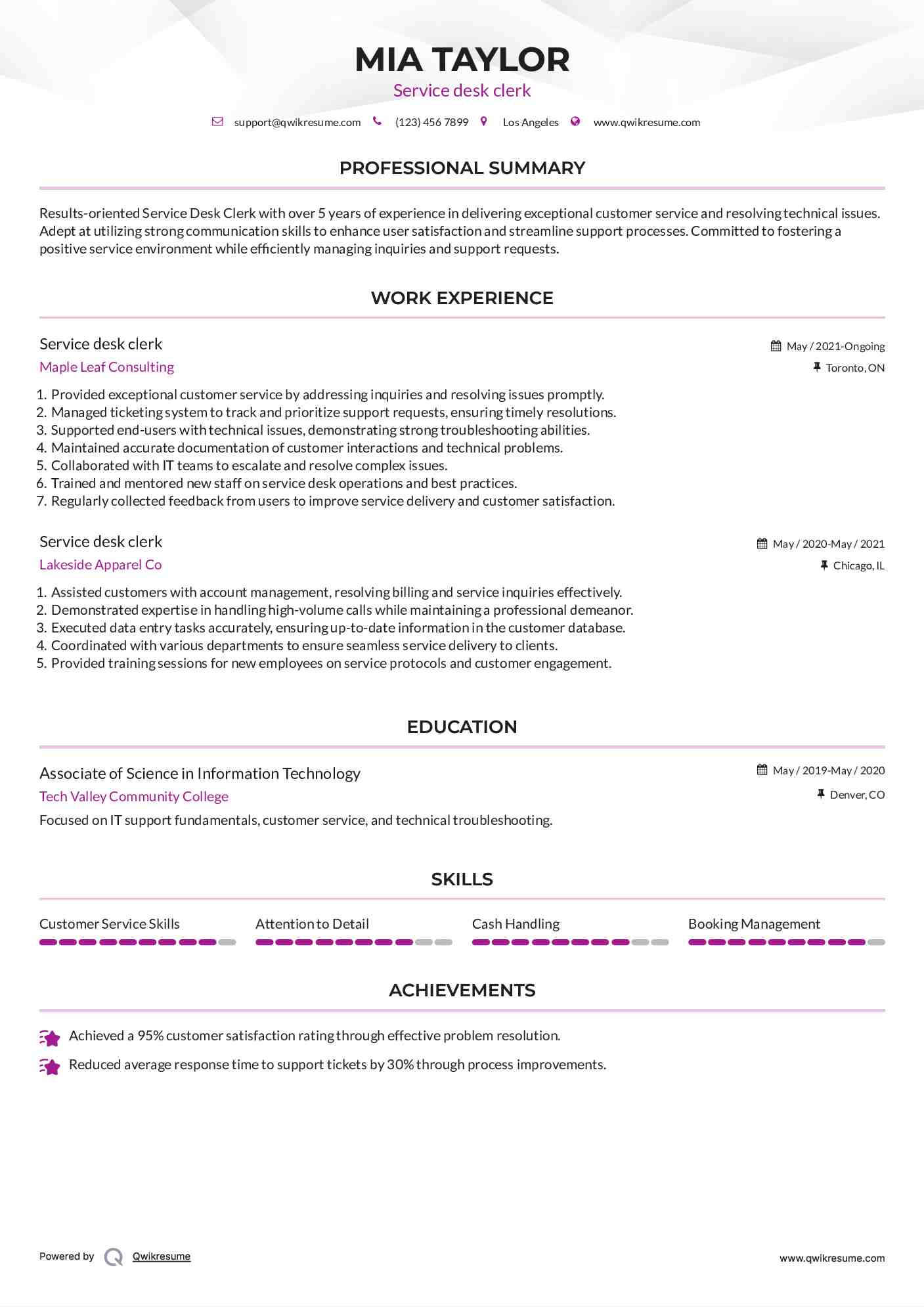 Service desk clerk Resume Model