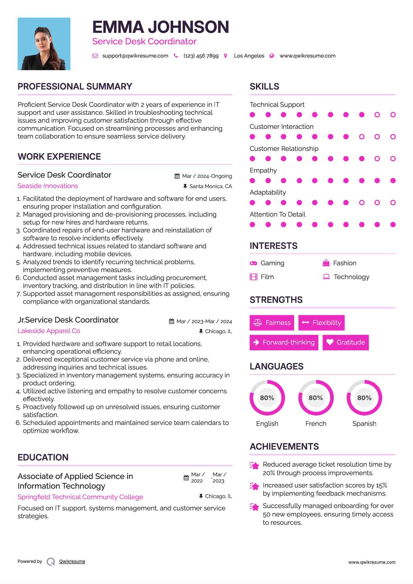 Service Desk Coordinator Resume Samples QwikResume