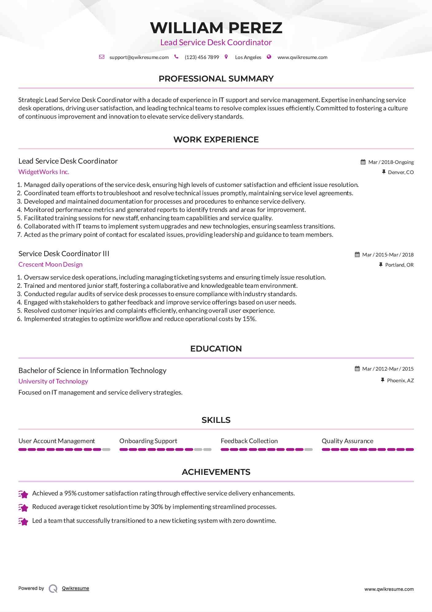 Service Desk Coordinator Resume Samples QwikResume