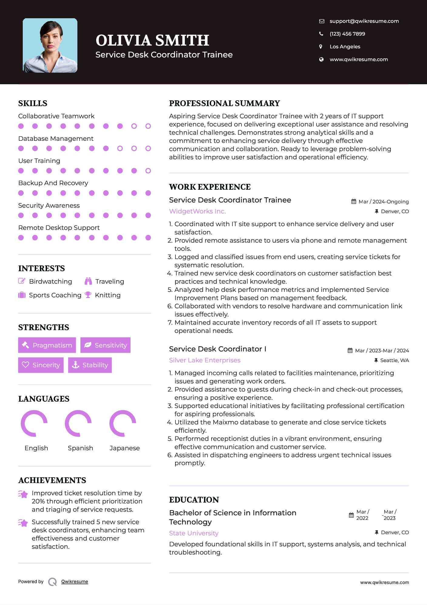 Service Desk Coordinator Trainee Resume Sample