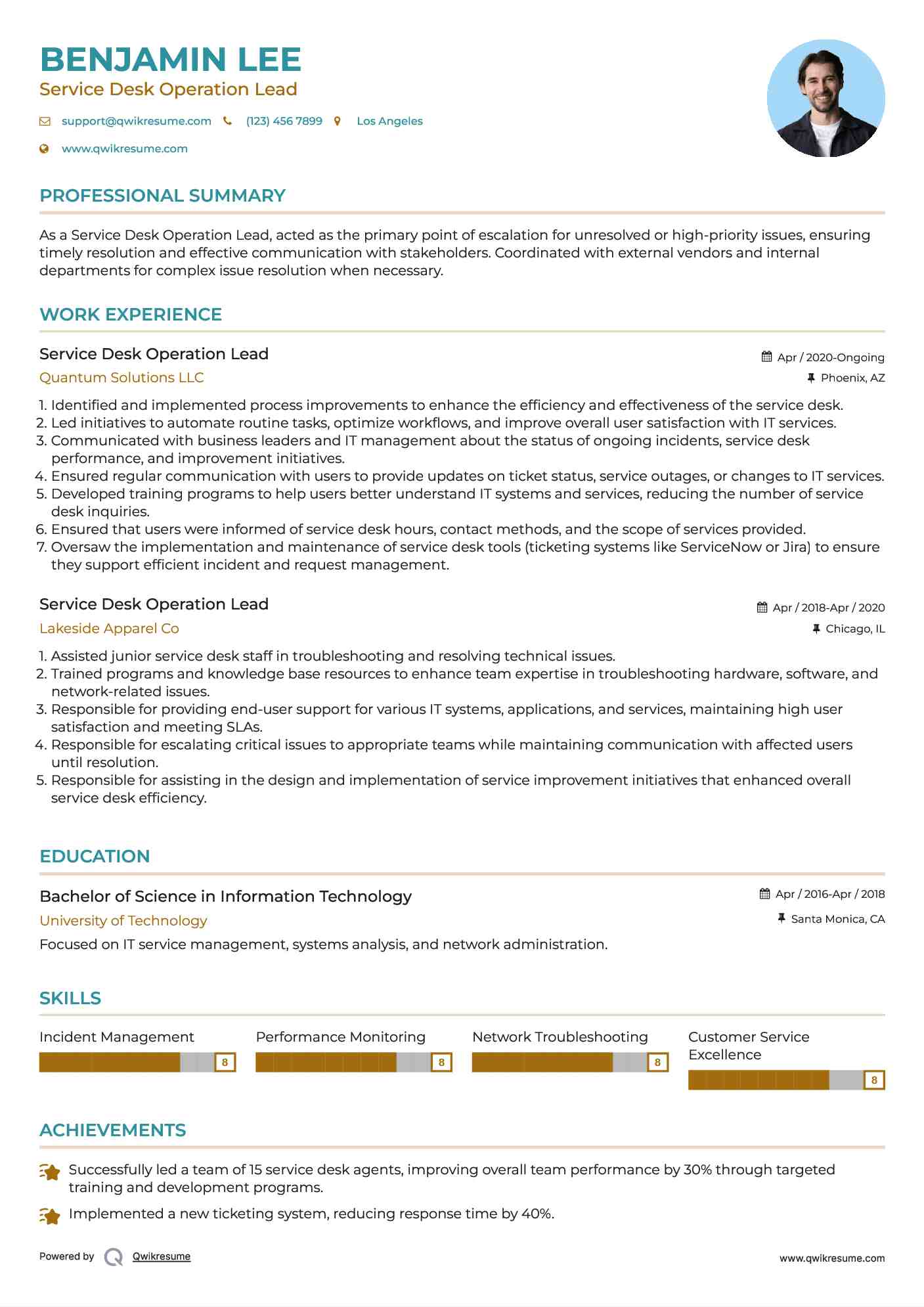 Service Desk Operation Lead Resume Template