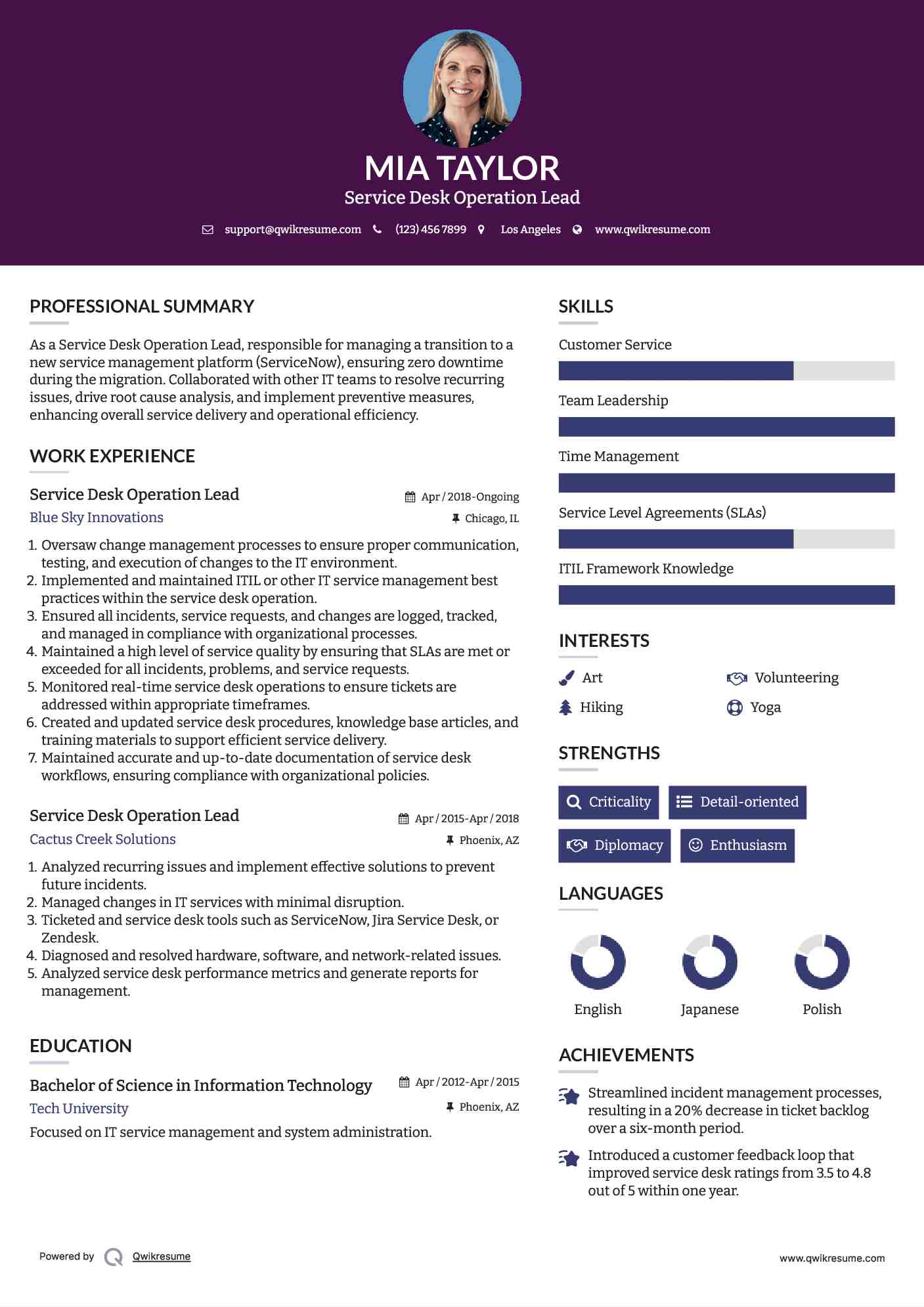 Service Desk Operation Lead Resume Format