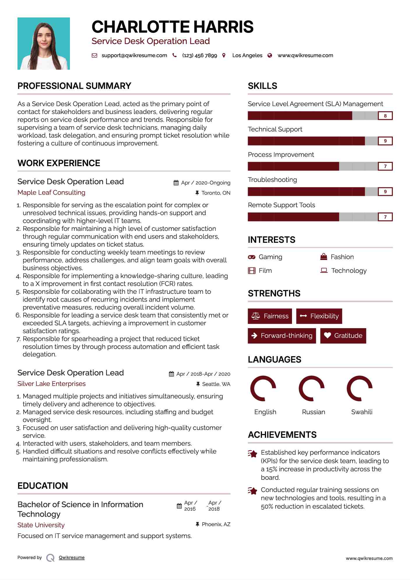 Service Desk Operation Lead Resume Template