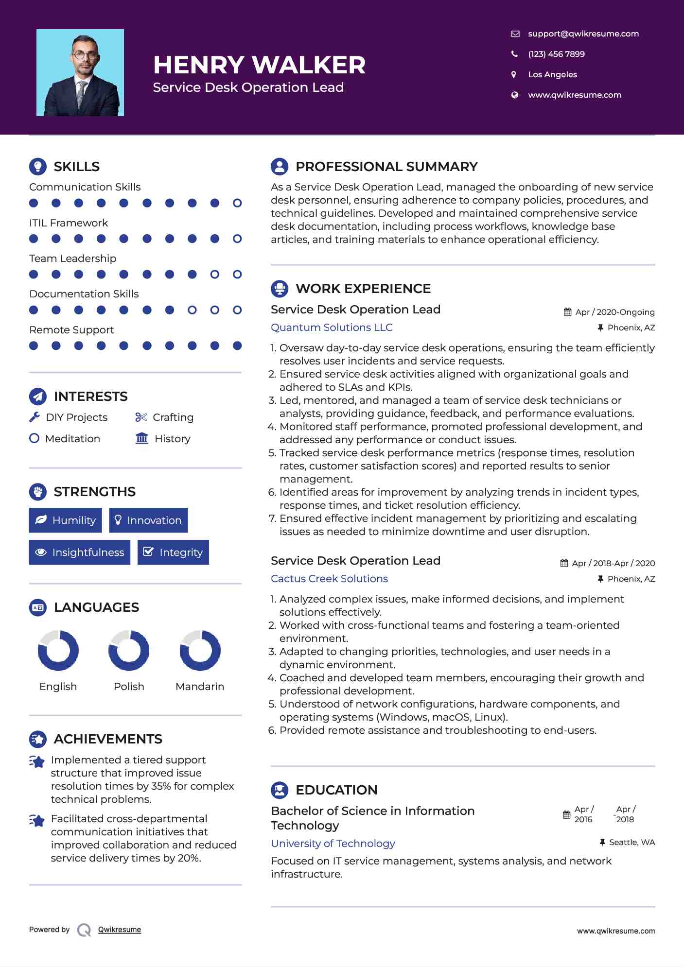 Service Desk Operation Lead Resume Format