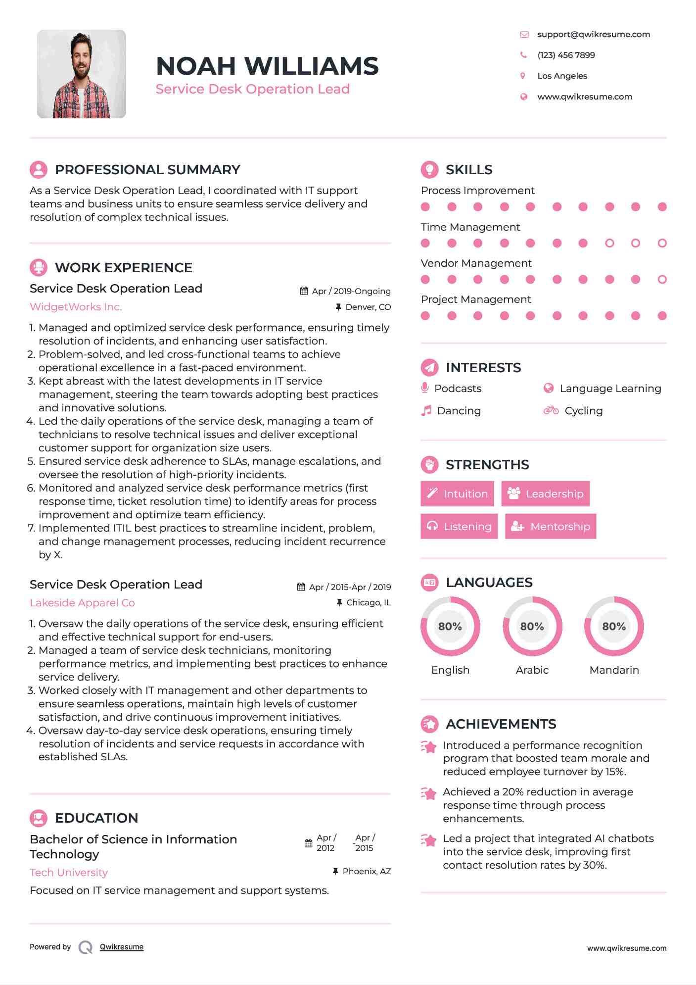 Service Desk Operation Lead Resume Format