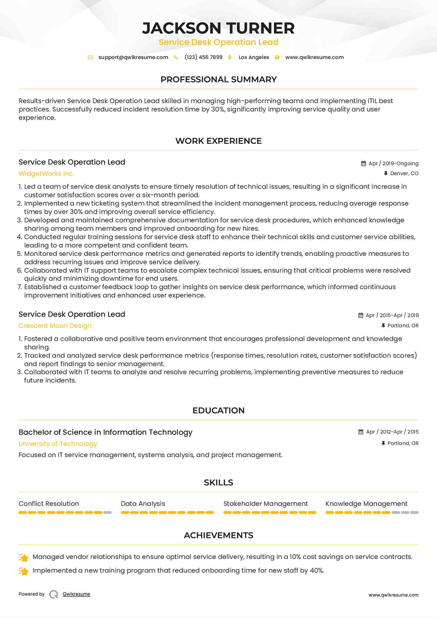 Service Desk Operation Lead Resume Example