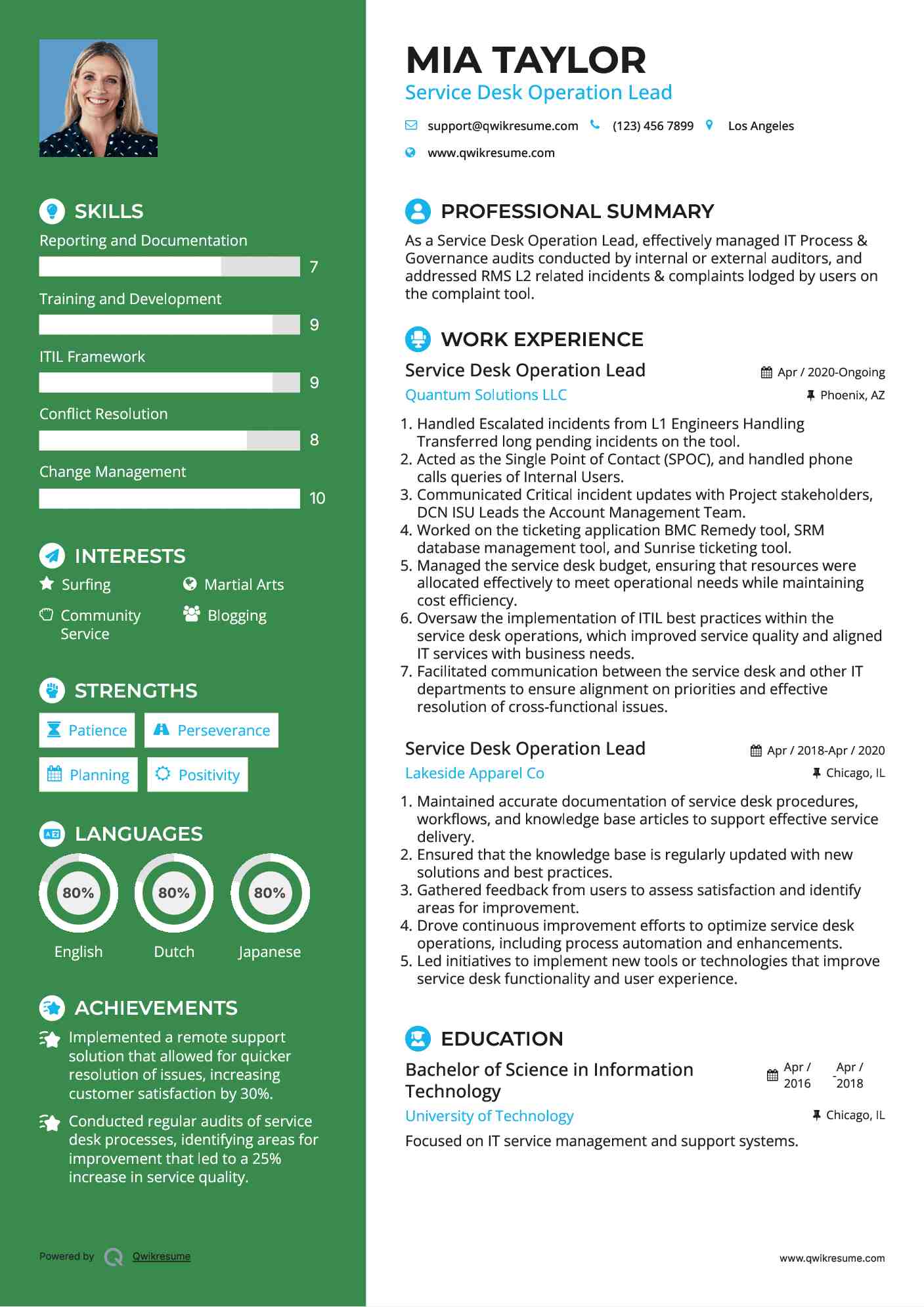 Service Desk Operation Lead Resume Format