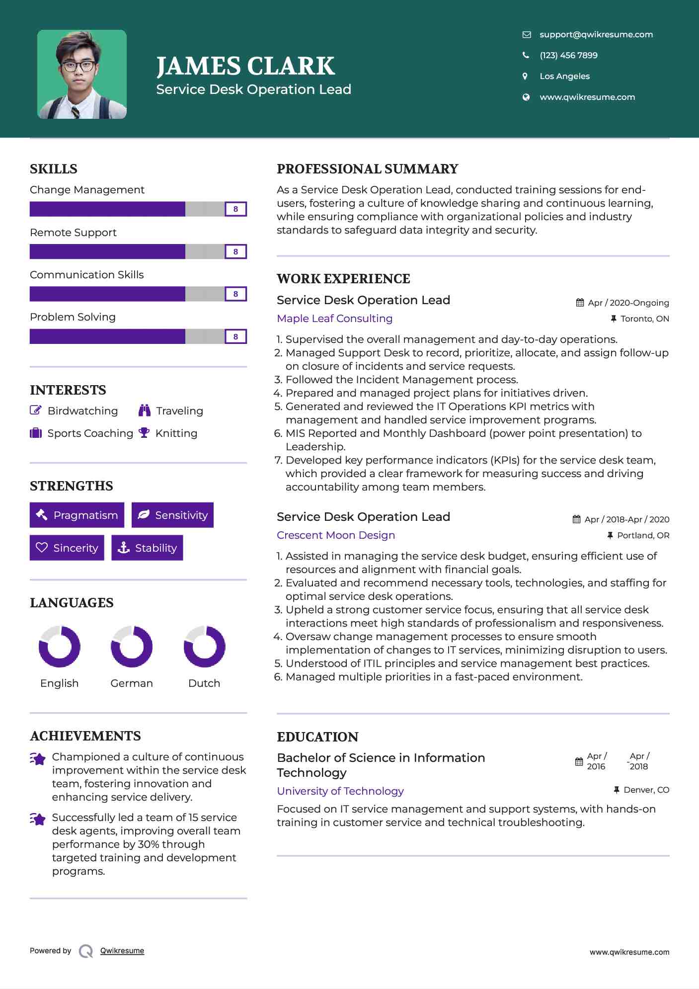 Service Desk Operation Lead Resume Sample
