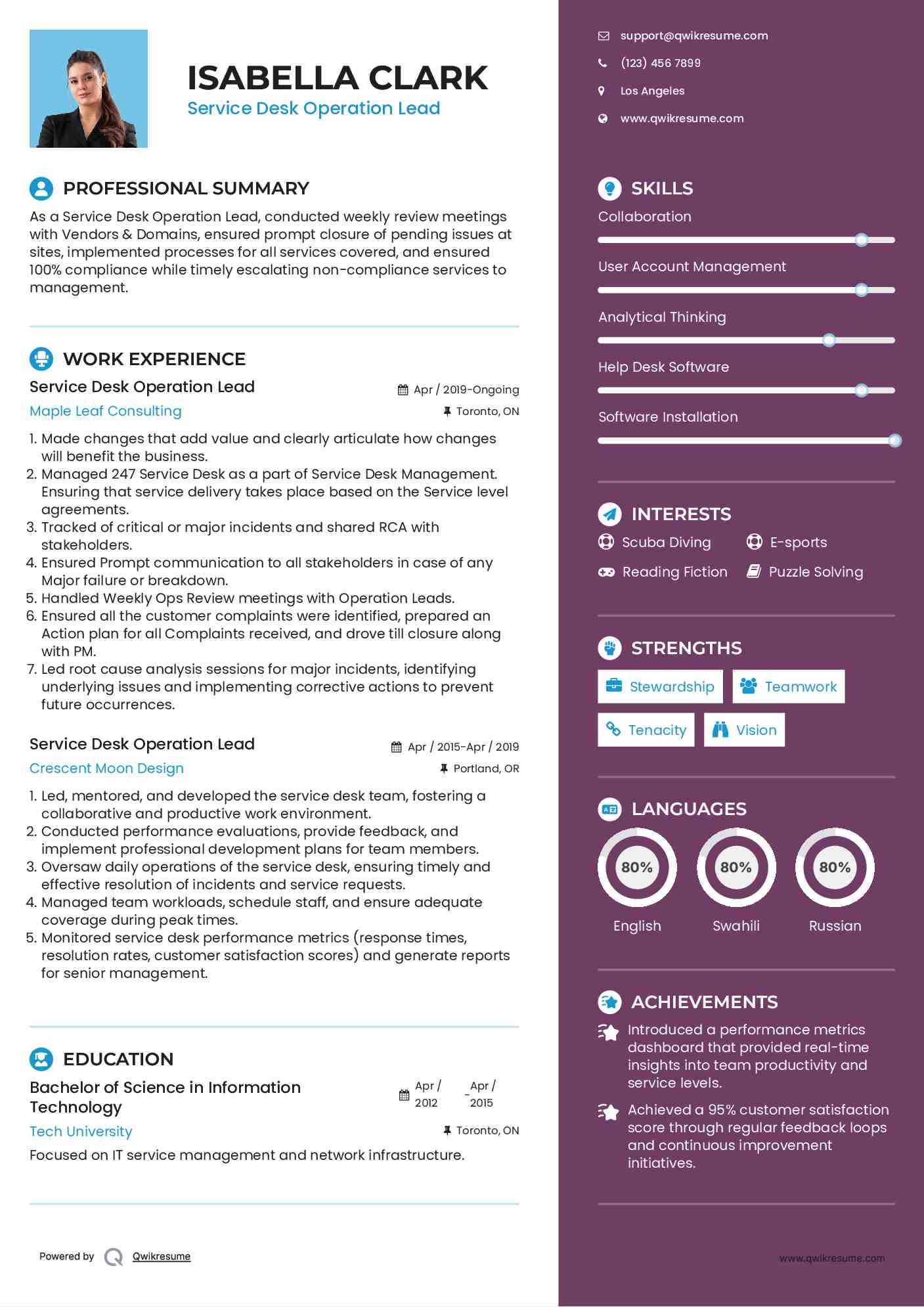 Service Desk Operation Lead Resume Format