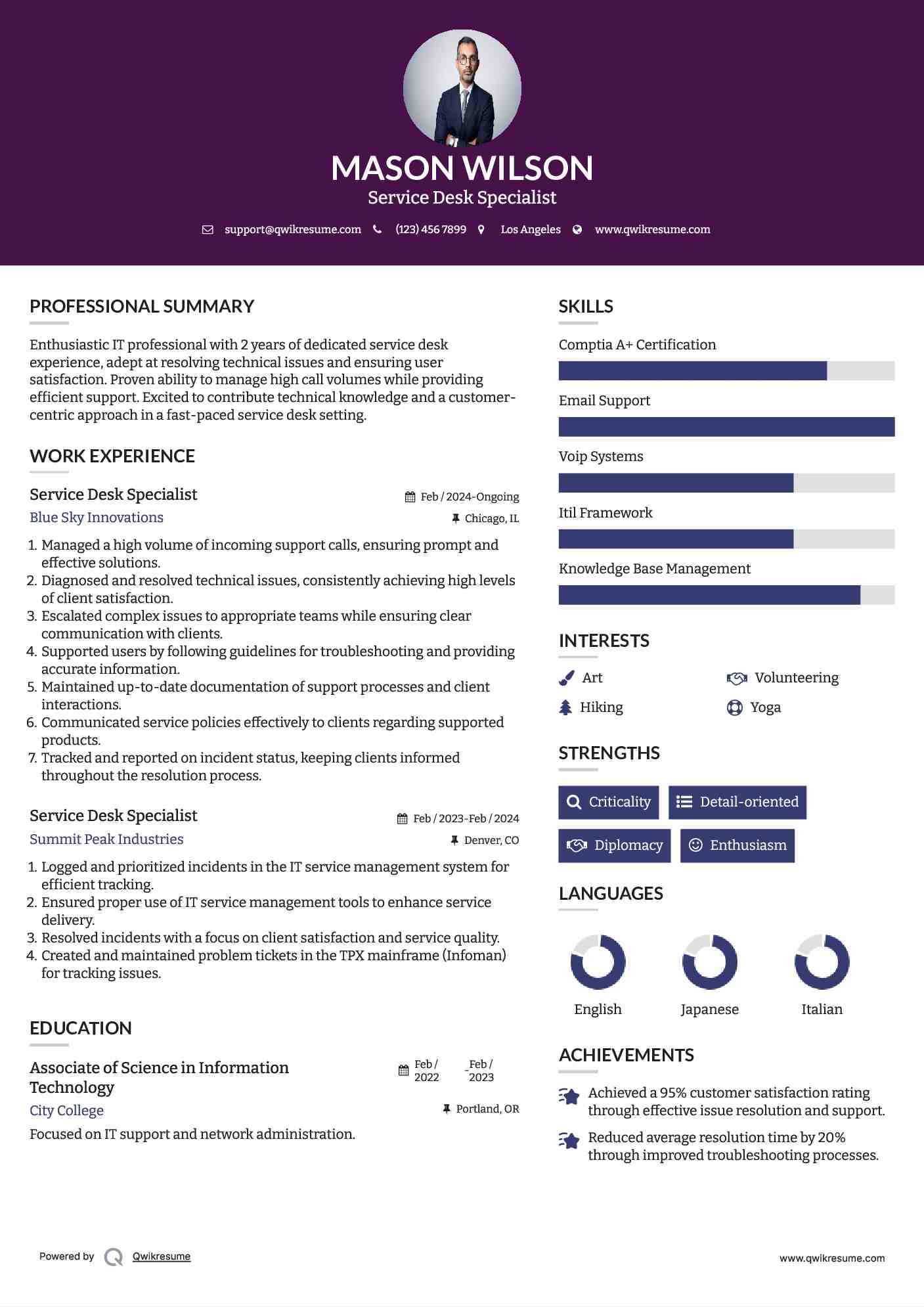 Service Desk Specialist Resume Format