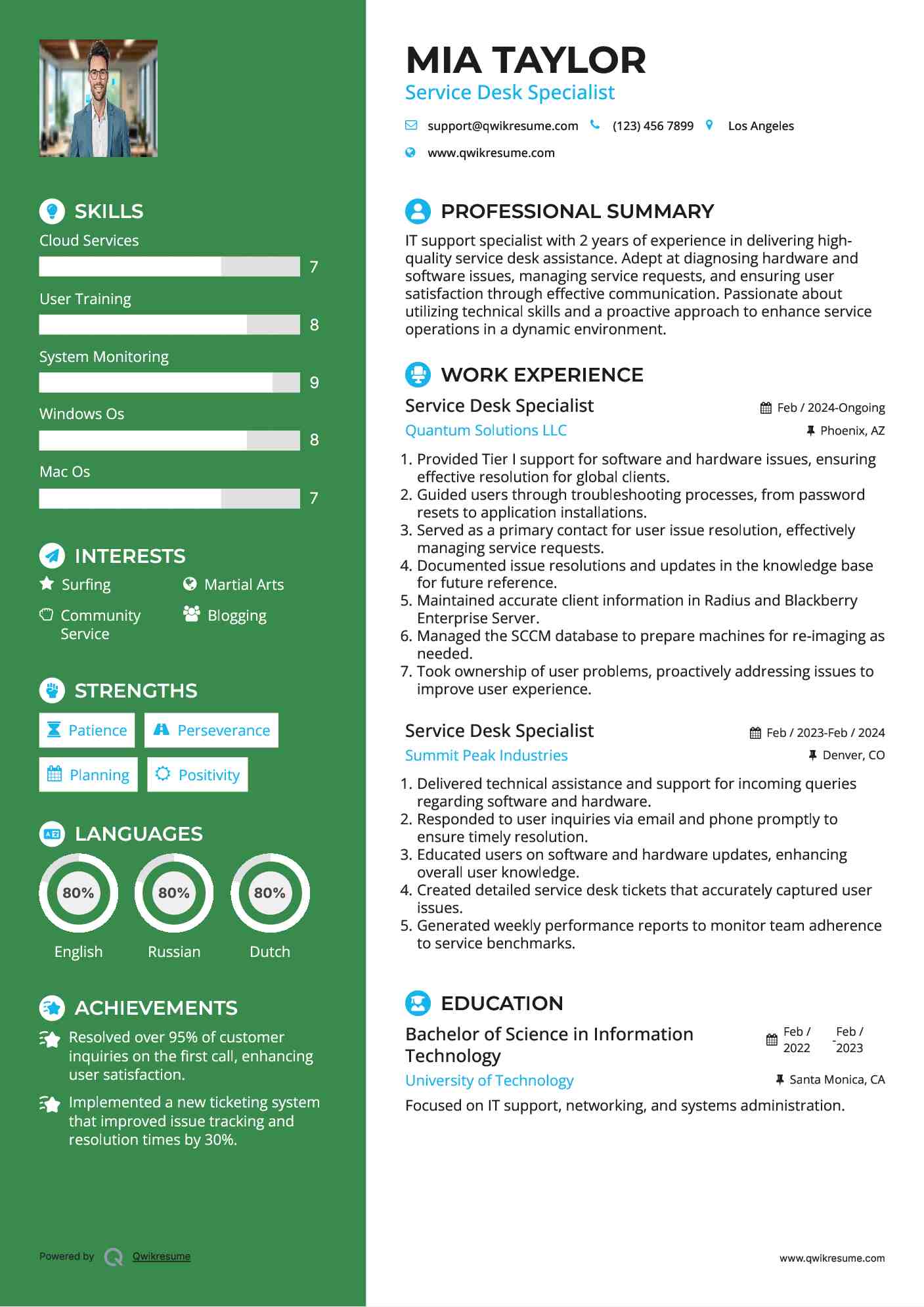 Service Desk Specialist Resume Template
