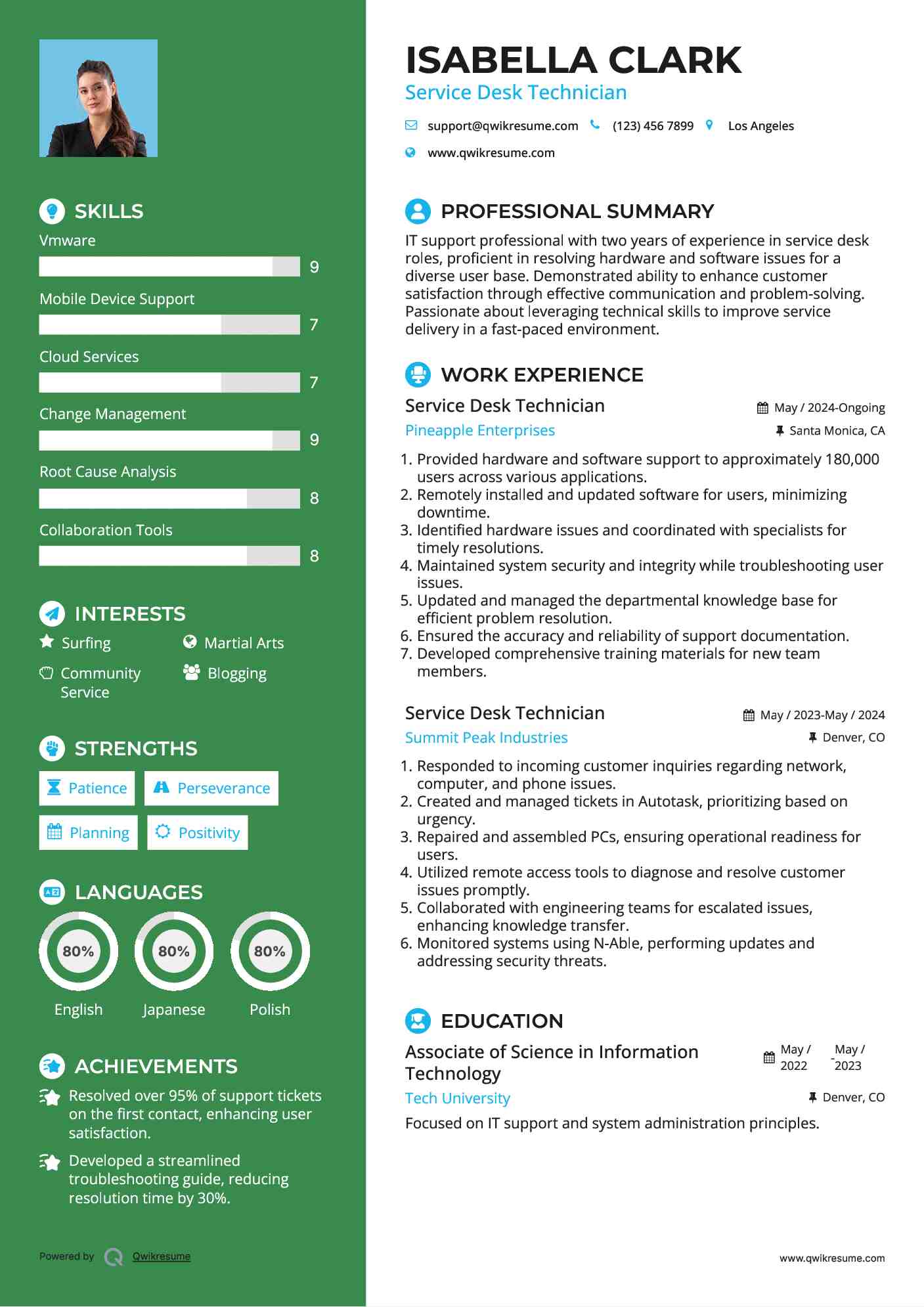 Service Desk Technician Resume Template