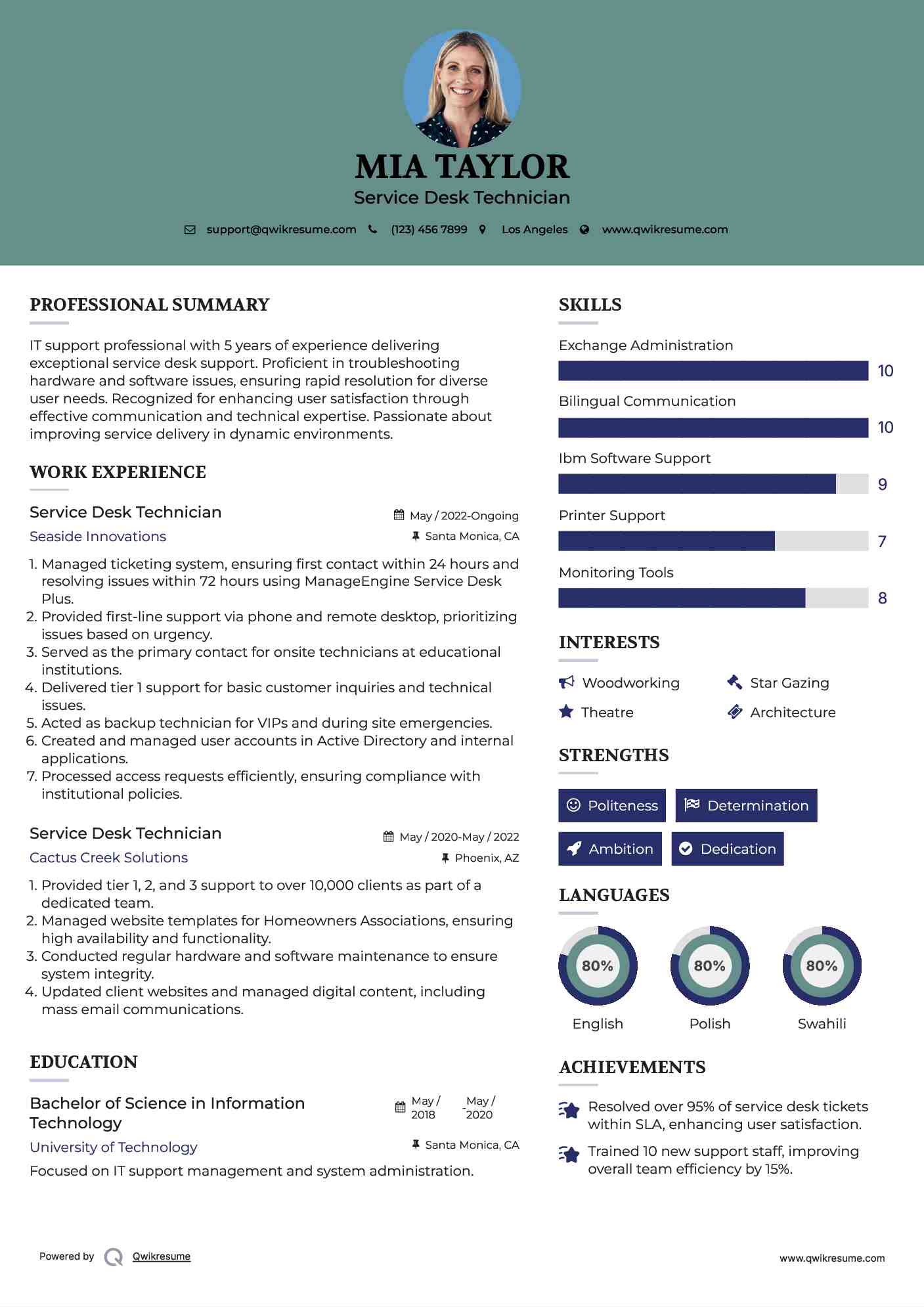 Service Desk Technician Resume Format