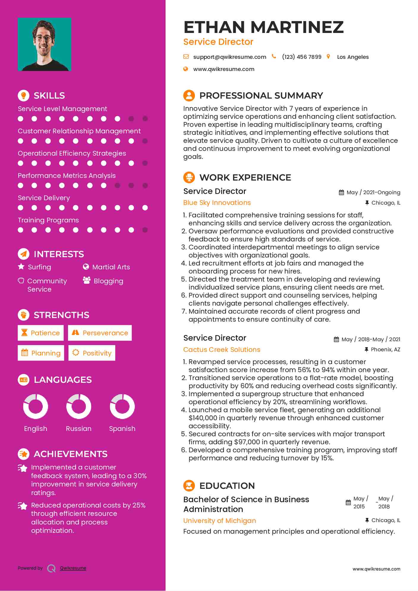 Service Director Resume Sample