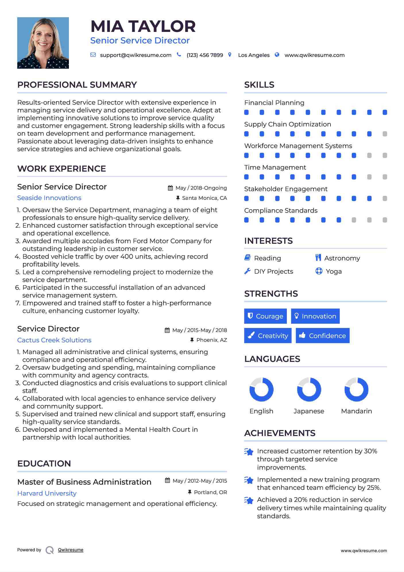 Senior Service Director  Resume Format