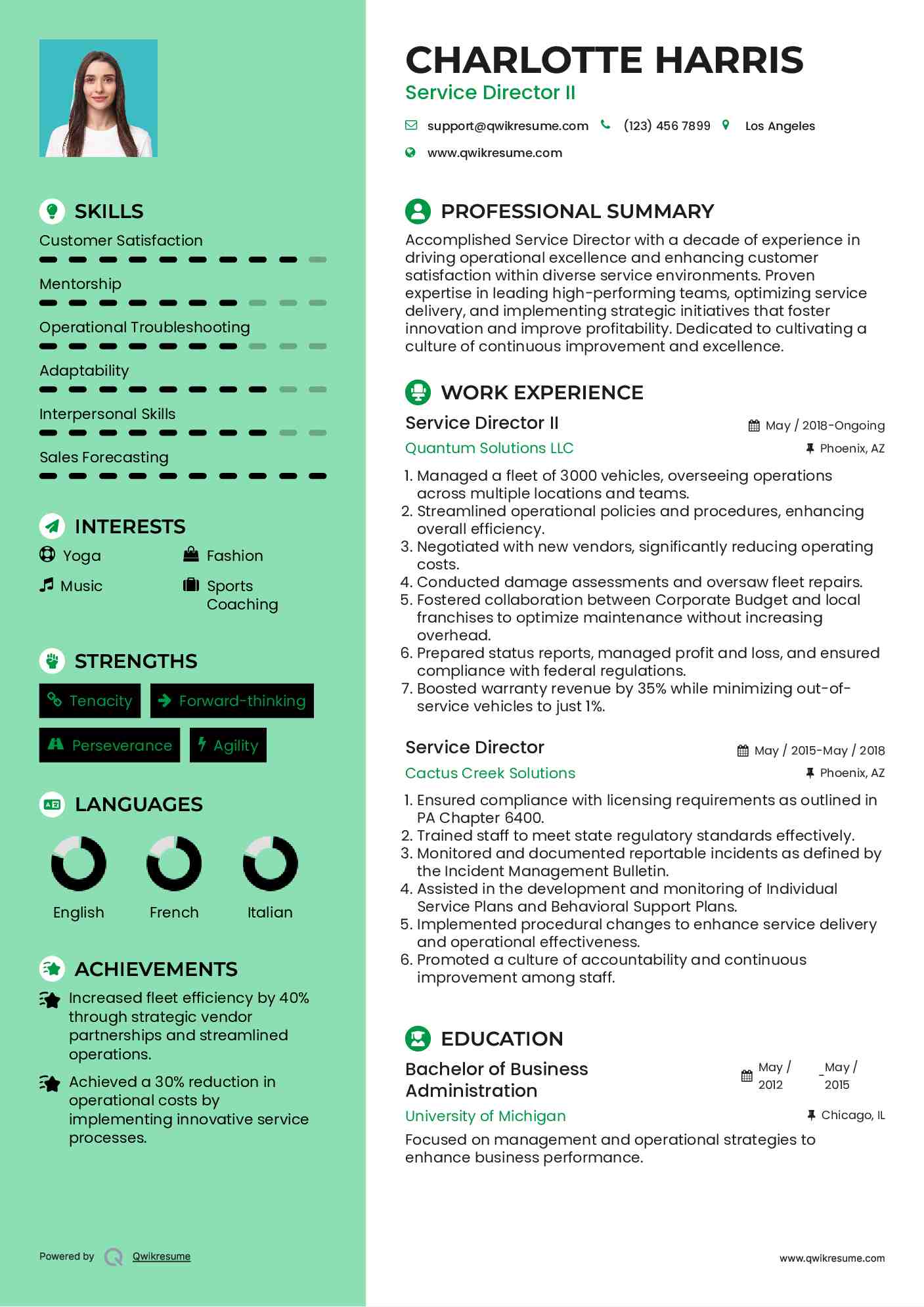 Service Director II Resume Example