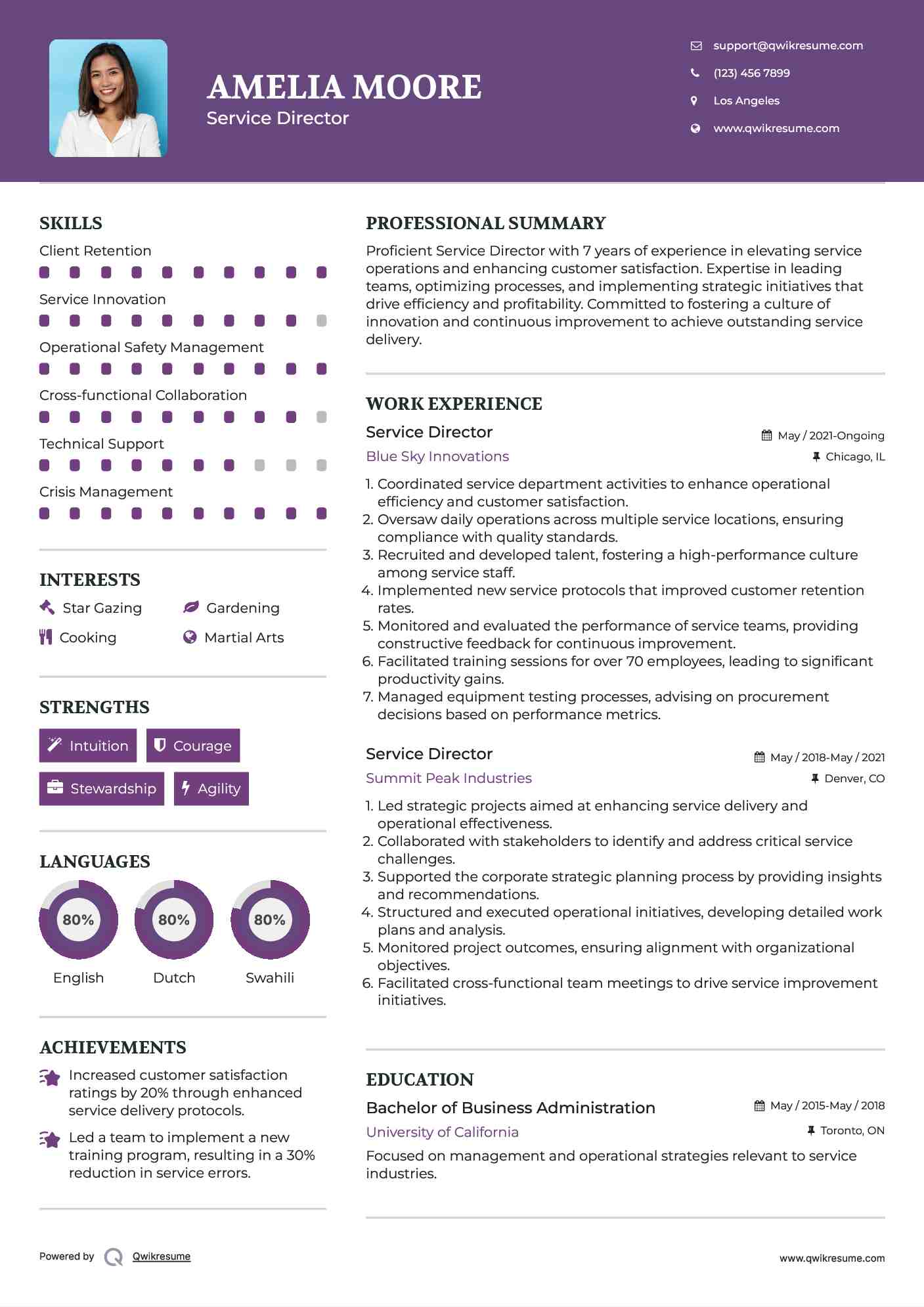 Service Director Resume Sample