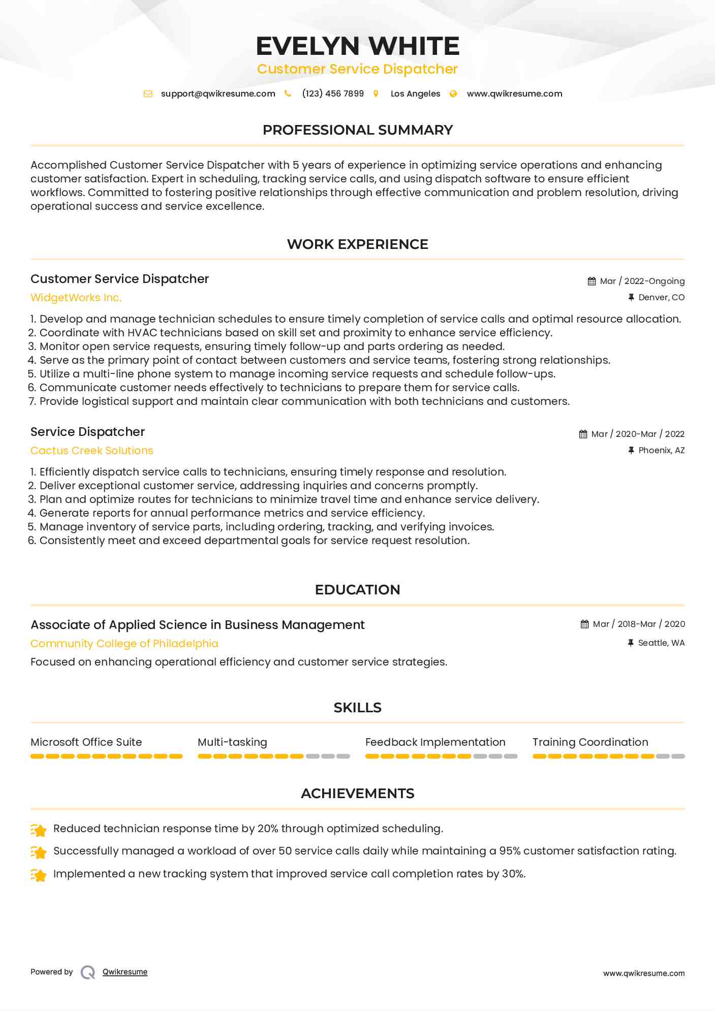 Customer Service Dispatcher Resume Template