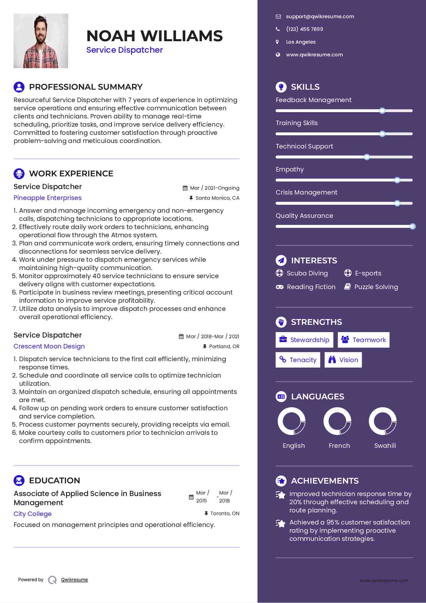 Service Dispatcher Resume Format