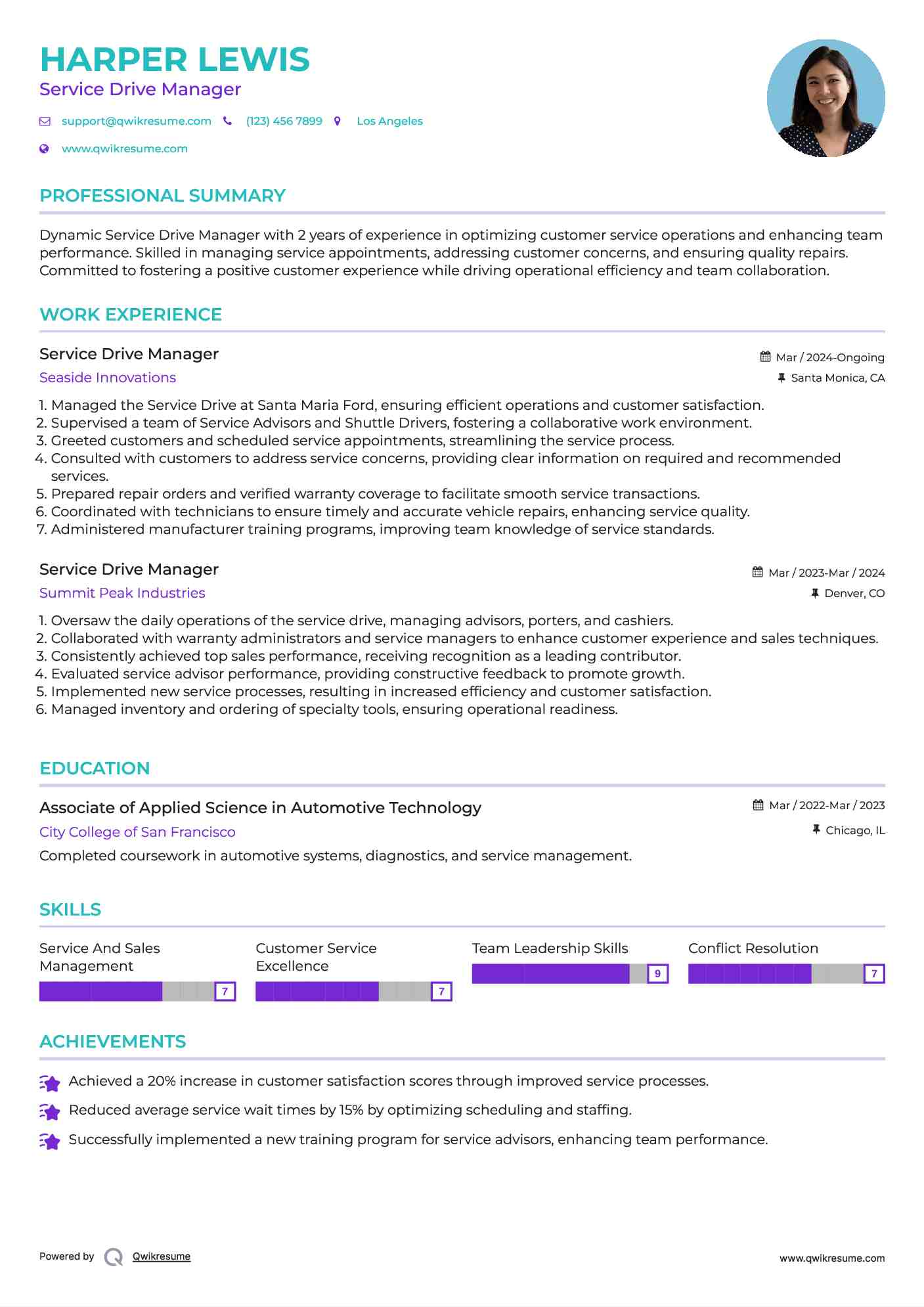 Service Drive Manager Resume Sample