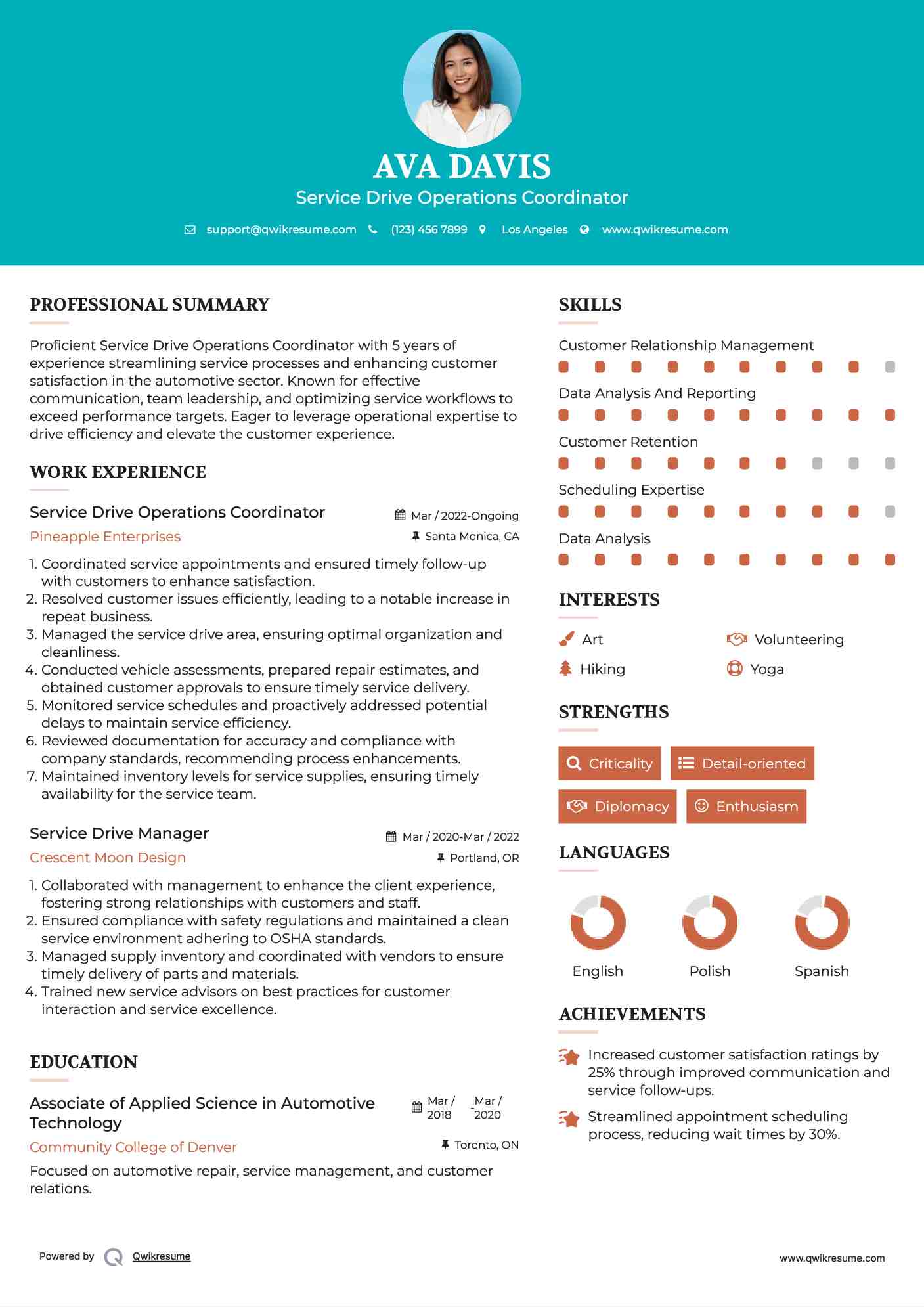 Service Drive Operations Coordinator Resume Model