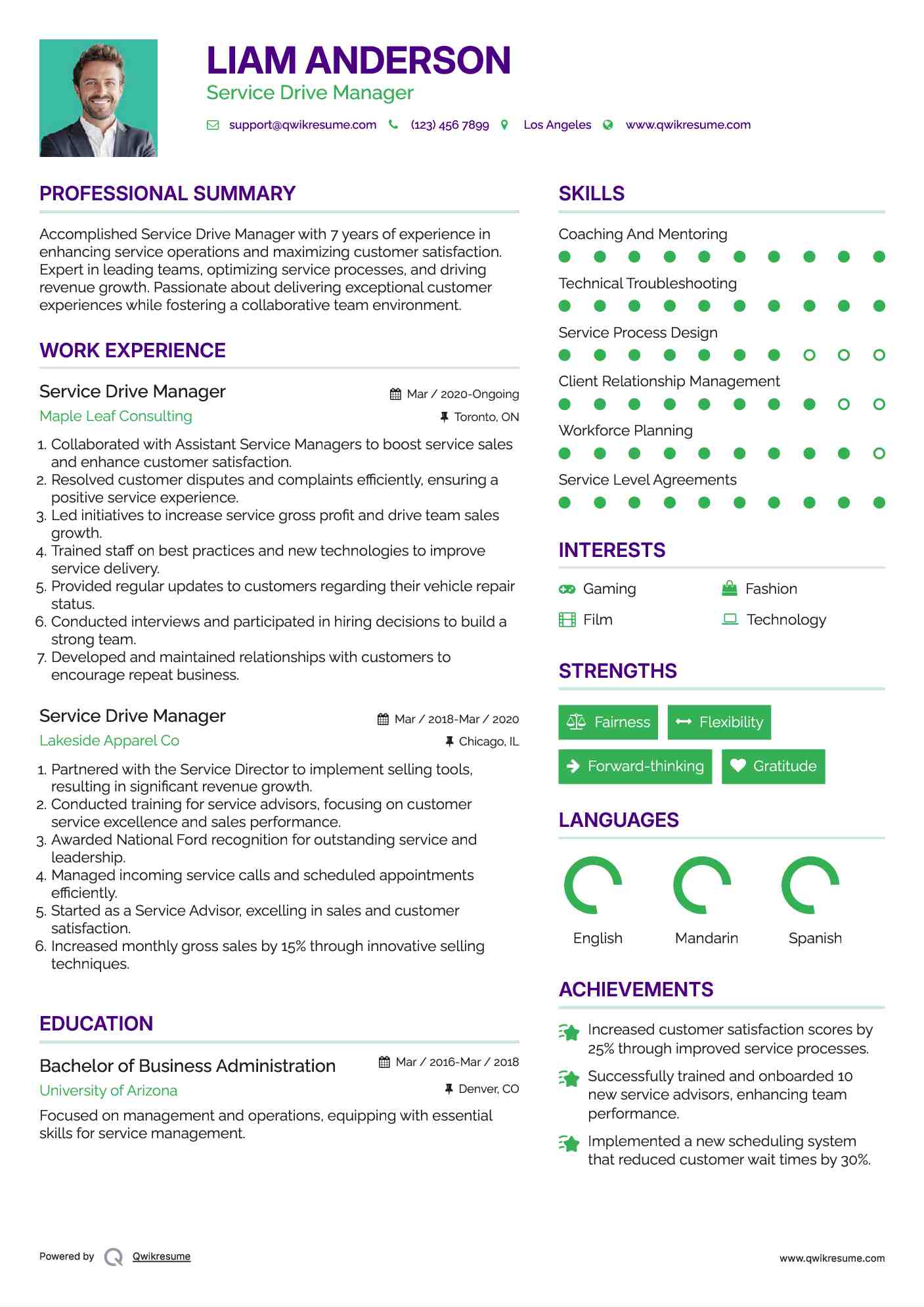 Service Drive Manager Resume Format