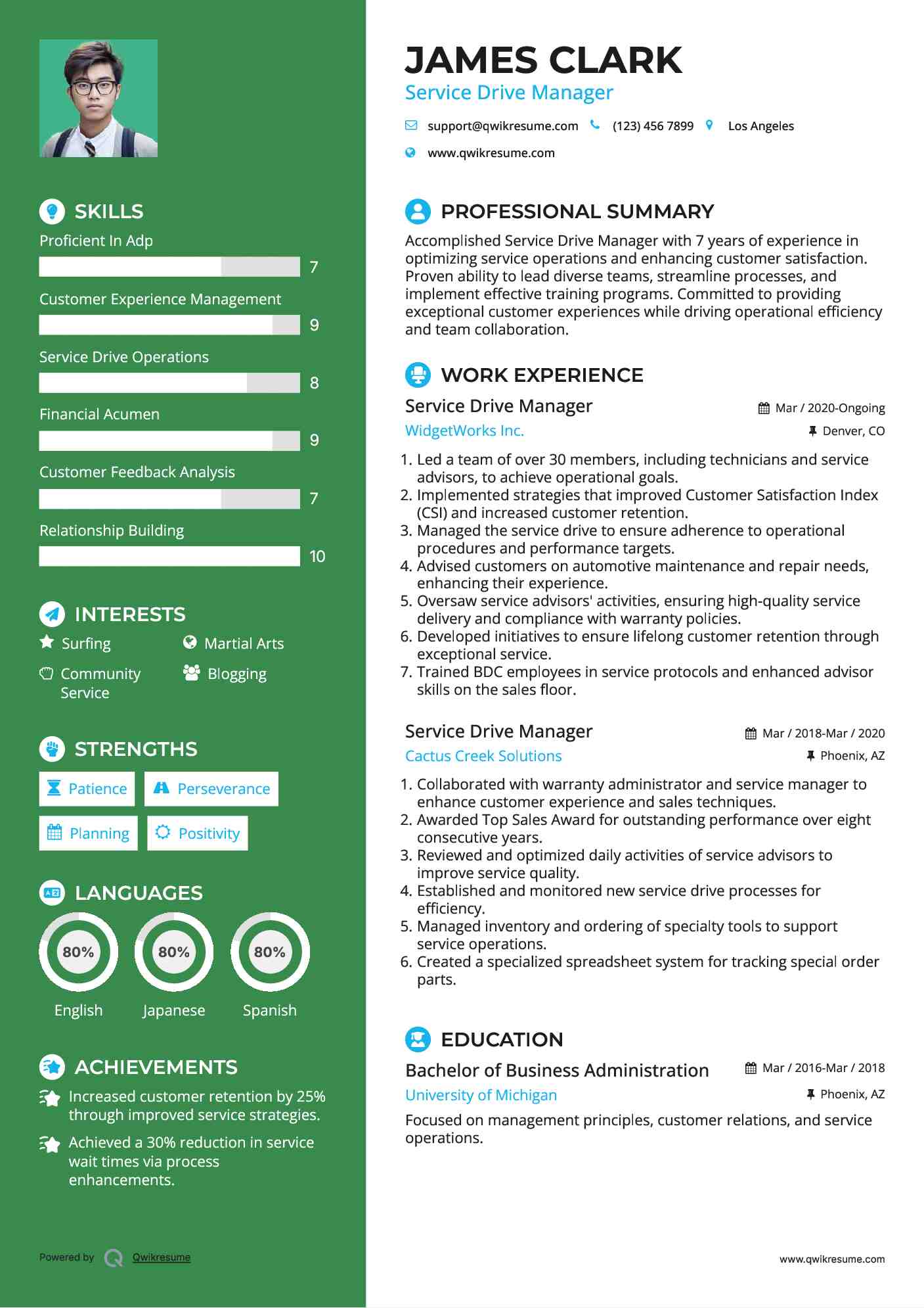 Service Drive Manager Resume Sample