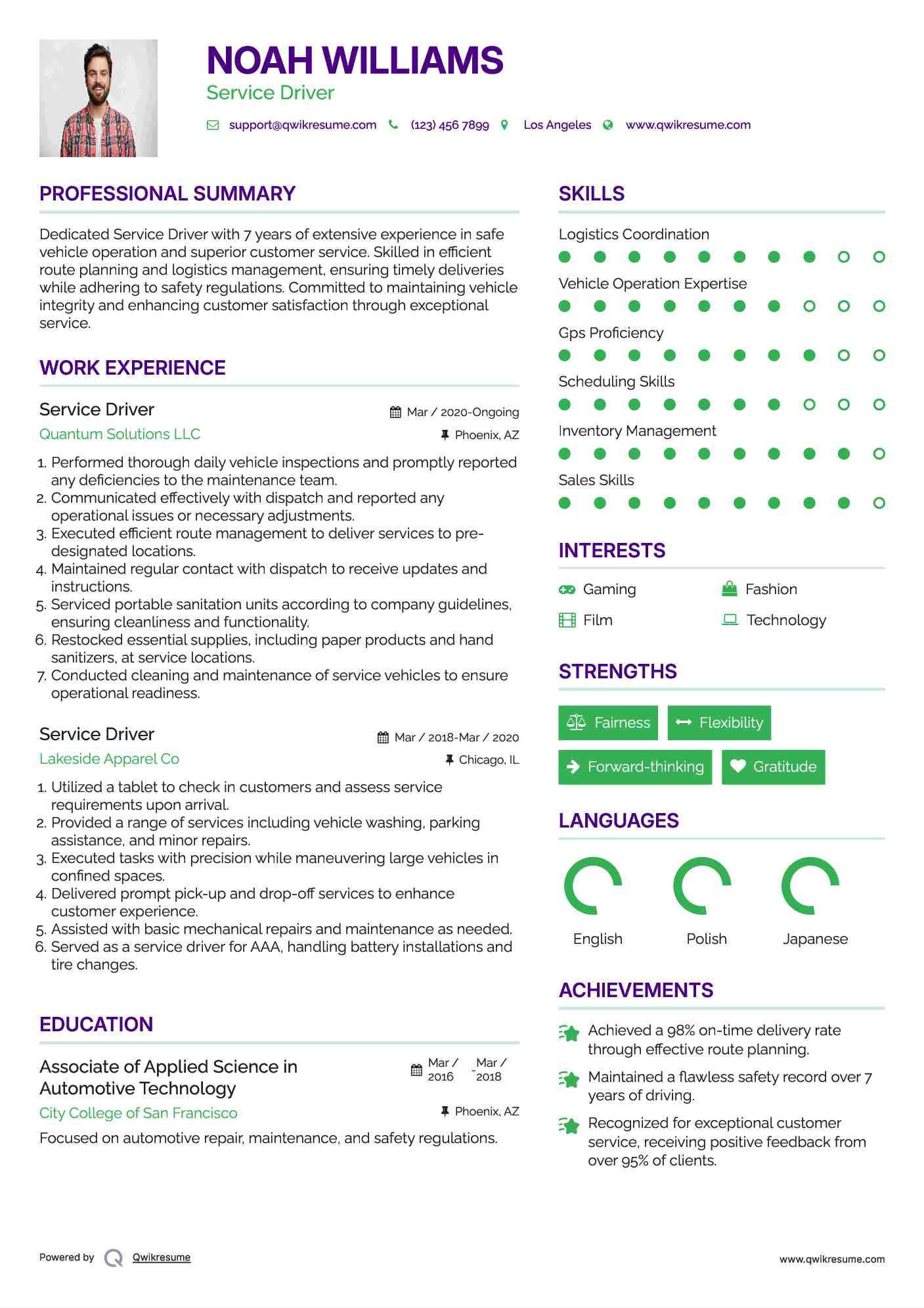 Service Driver Resume Sample