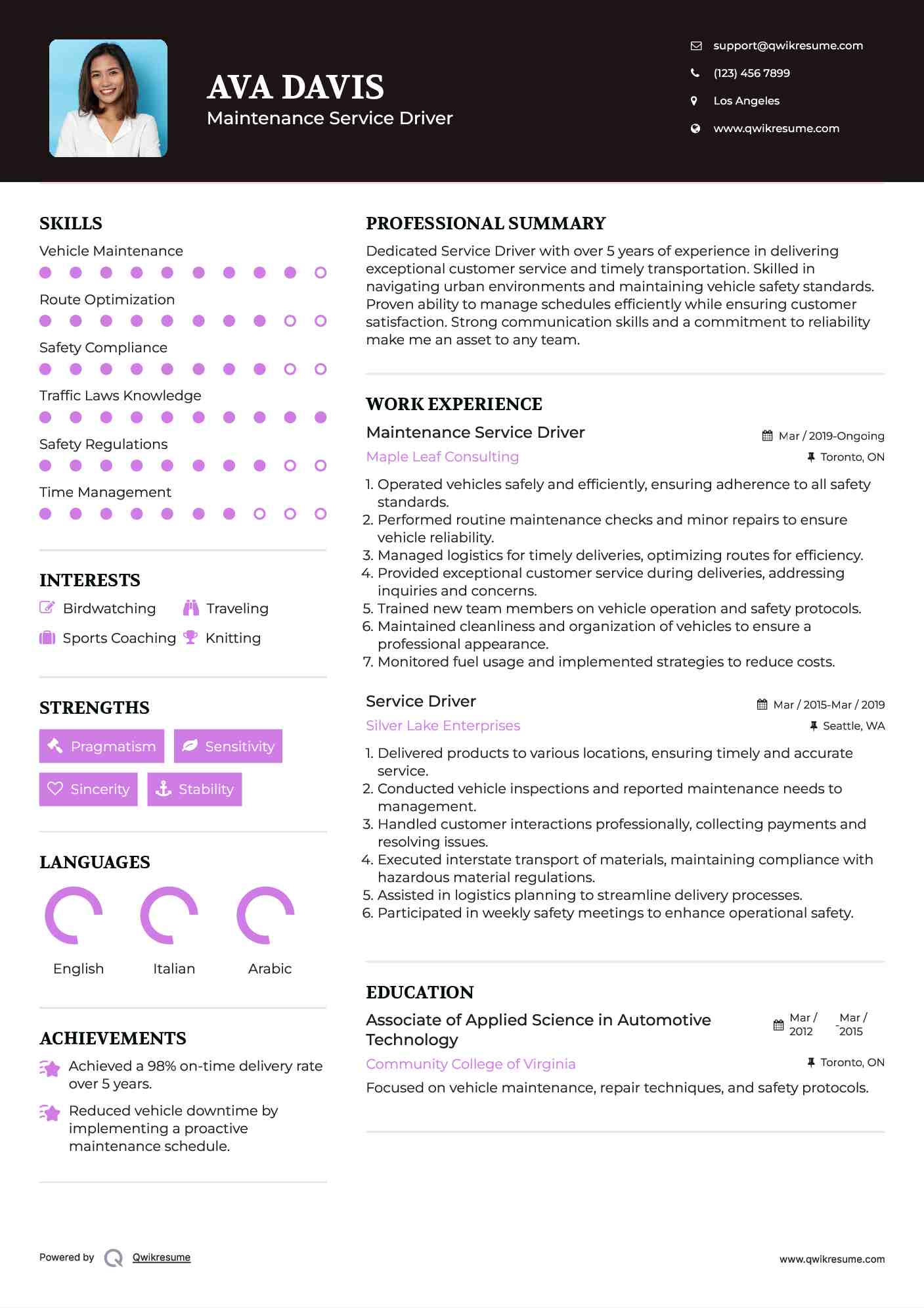 Maintenance Service Driver Resume Format