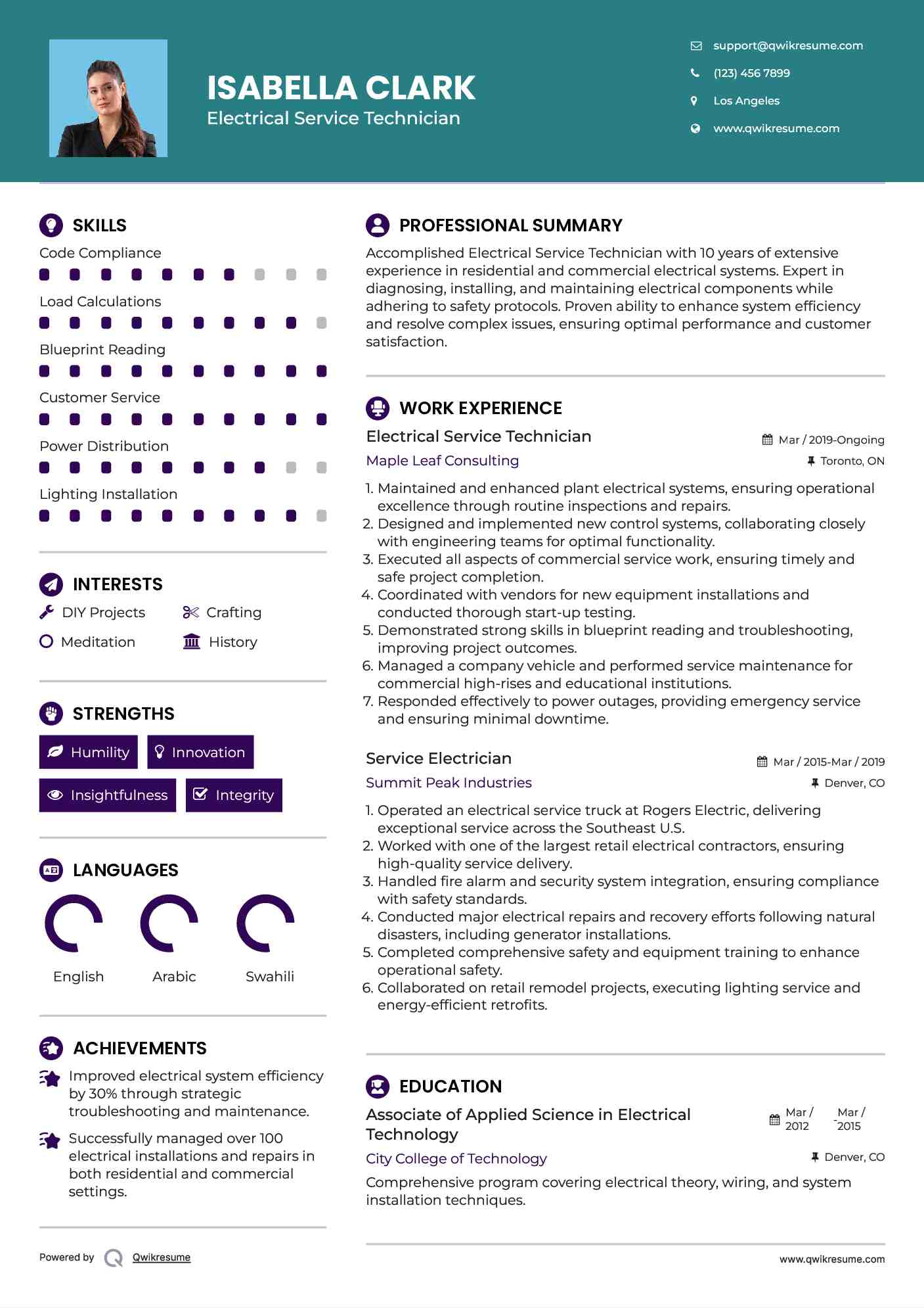 Service Electrician Resume Samples | QwikResume