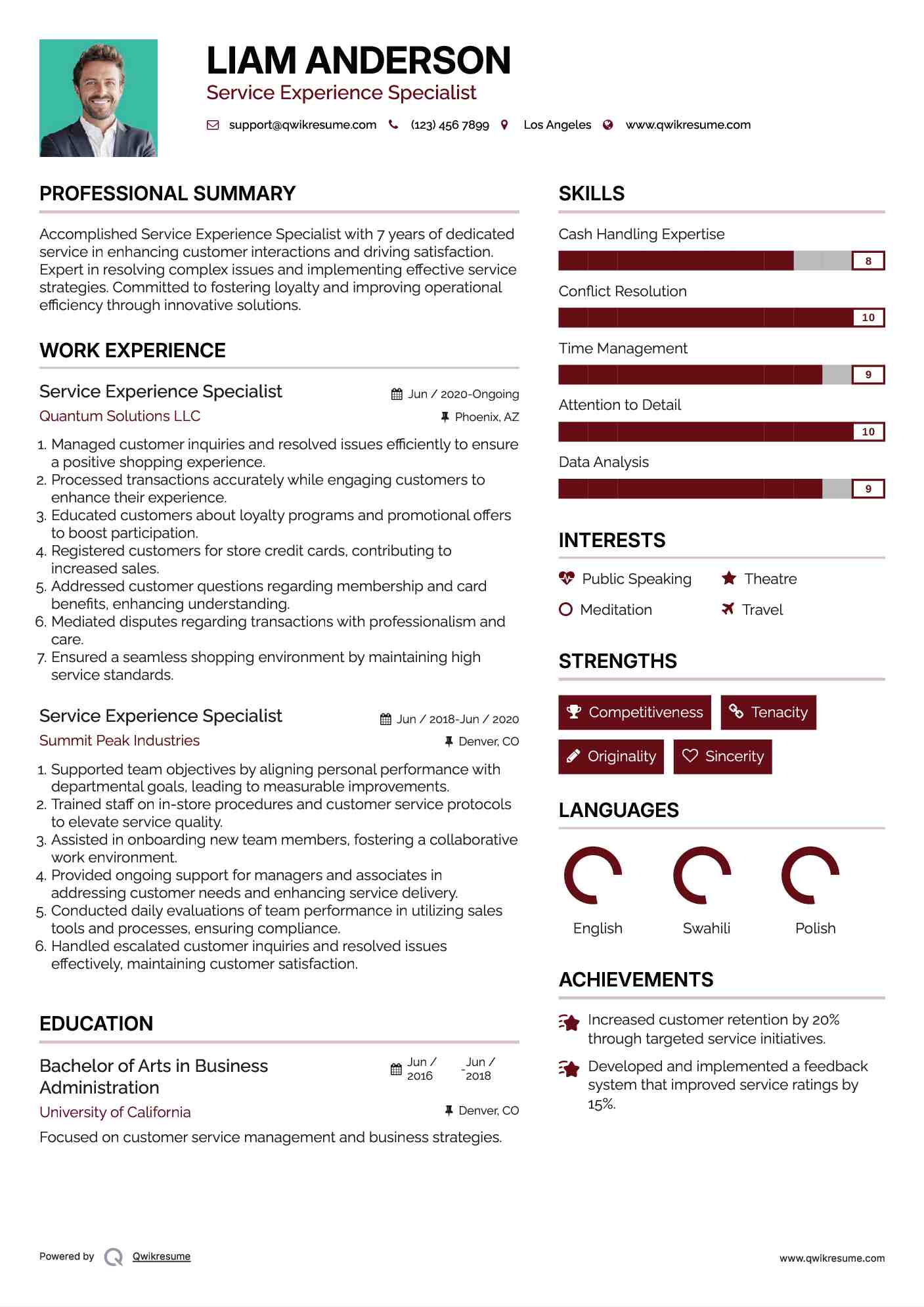 Service Experience Specialist Resume Sample