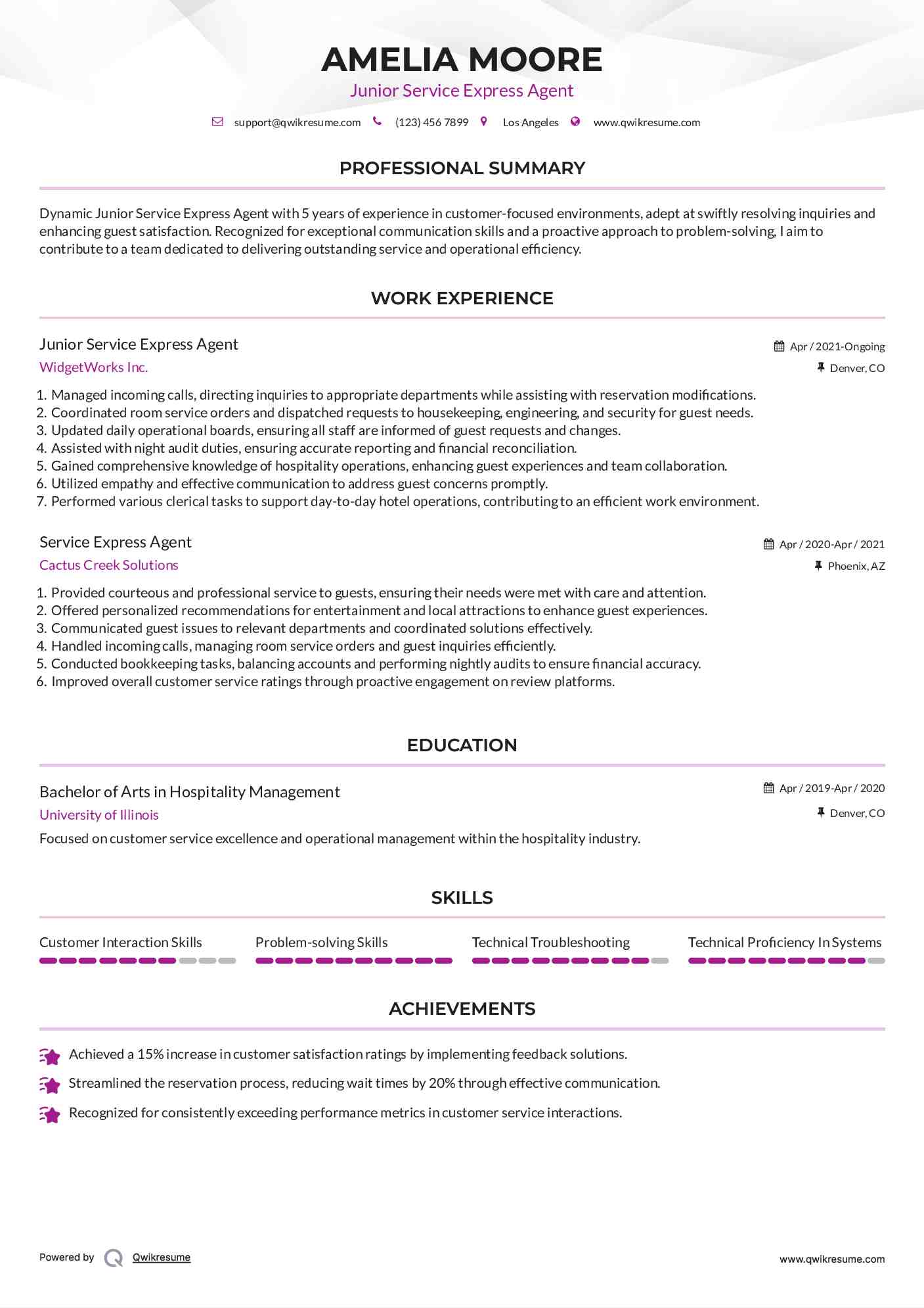 Junior Service Express Agent Resume Example