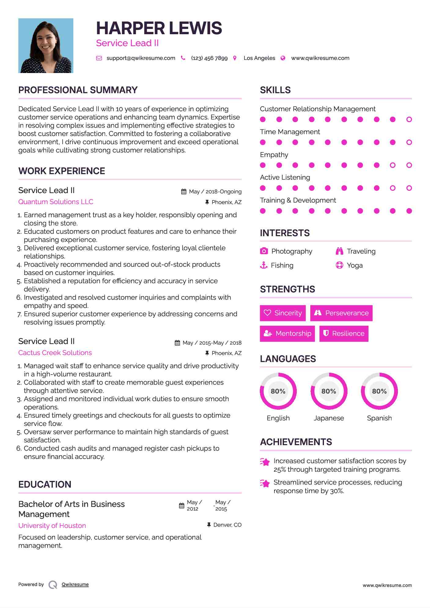 Service Lead  II Resume Example