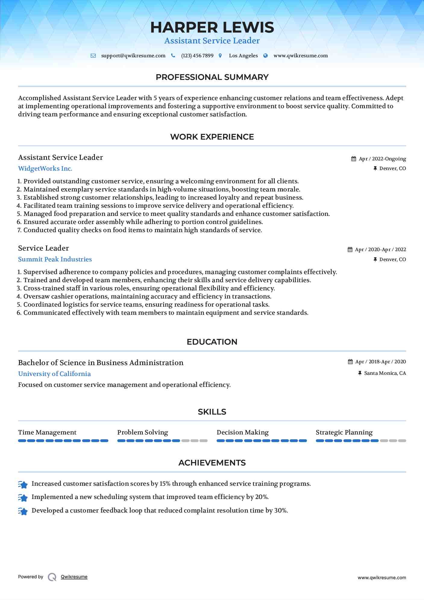 Assistant Service Leader Resume Format
