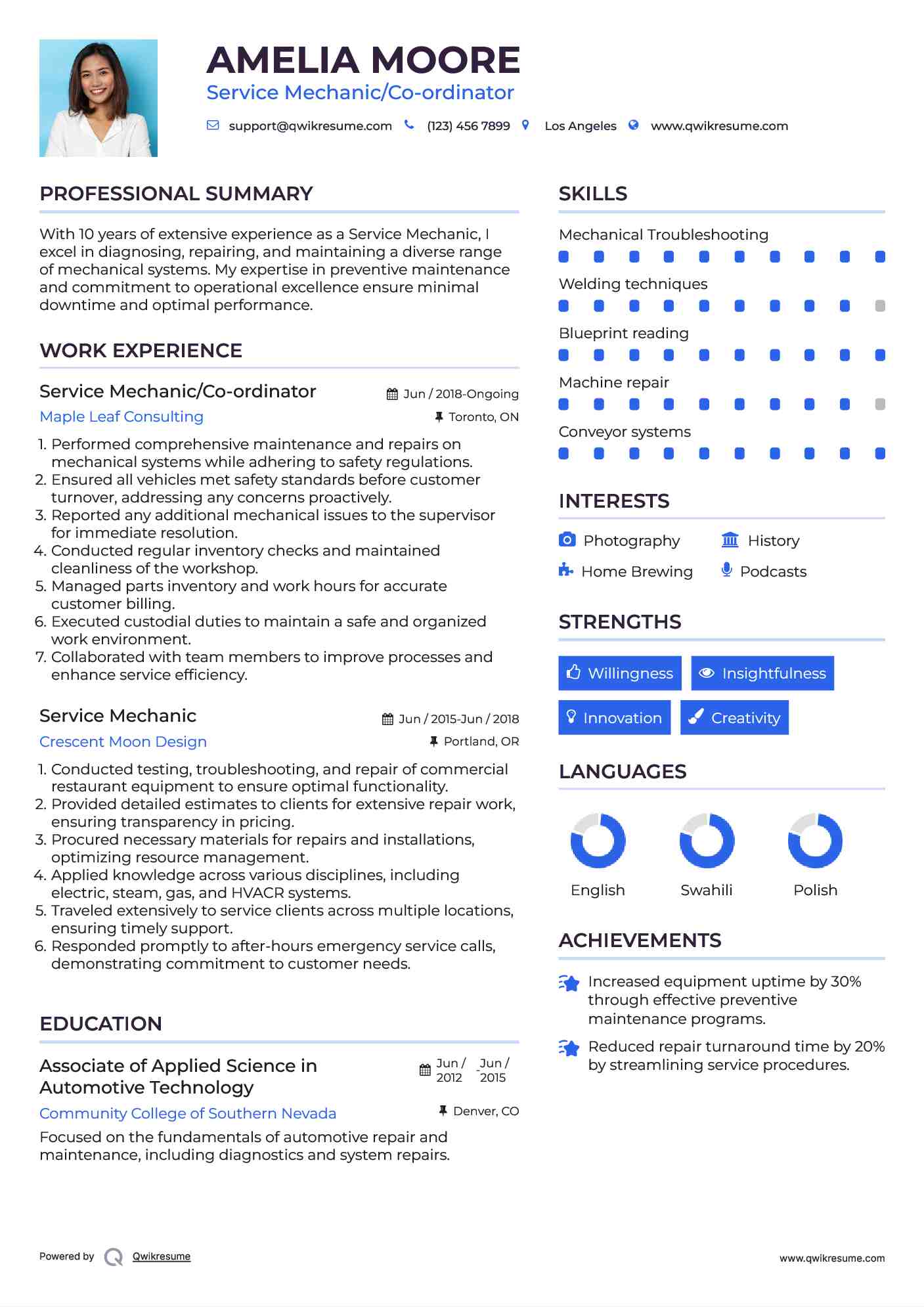Service Mechanic/Co-ordinator Resume Sample