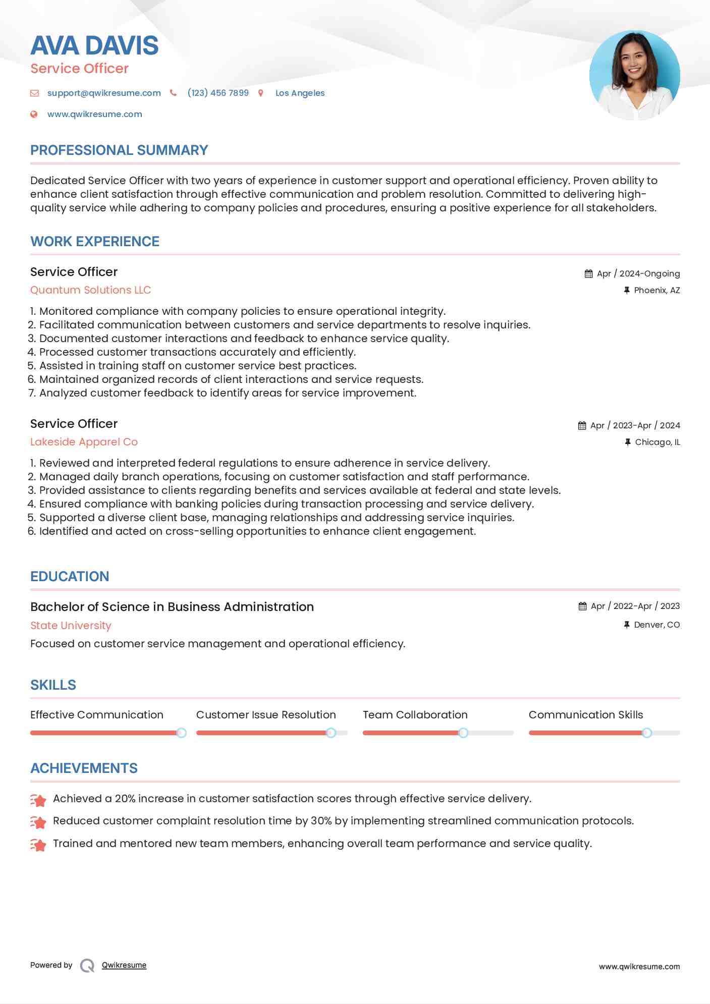 Service Officer Resume Template