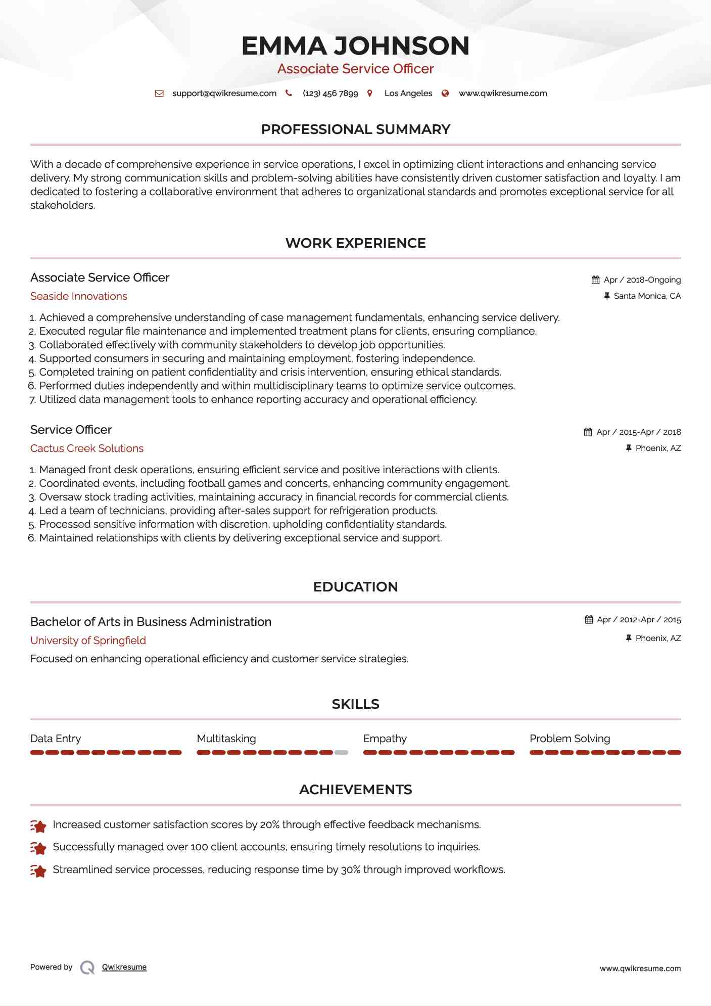 Associate Service Officer Resume Template