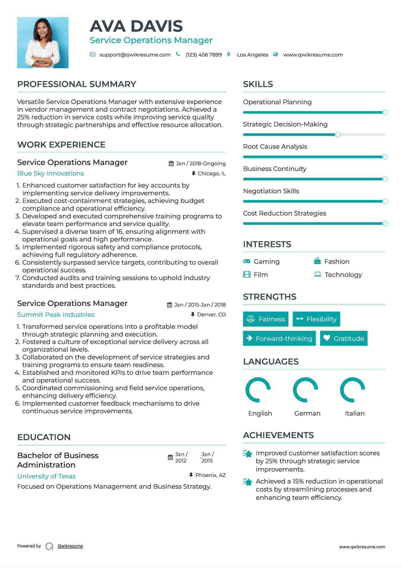 Service Operations Manager Resume Model