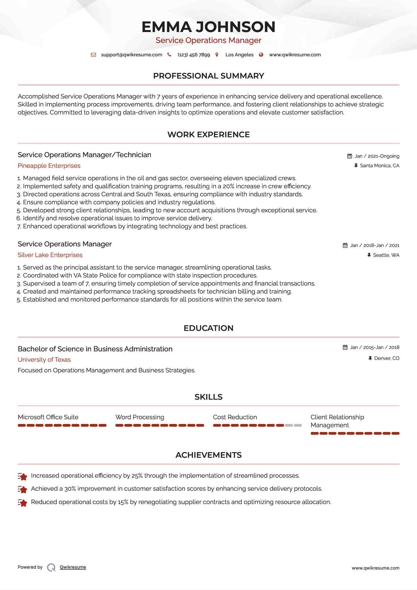 Service Operations Manager/Technician Resume Format