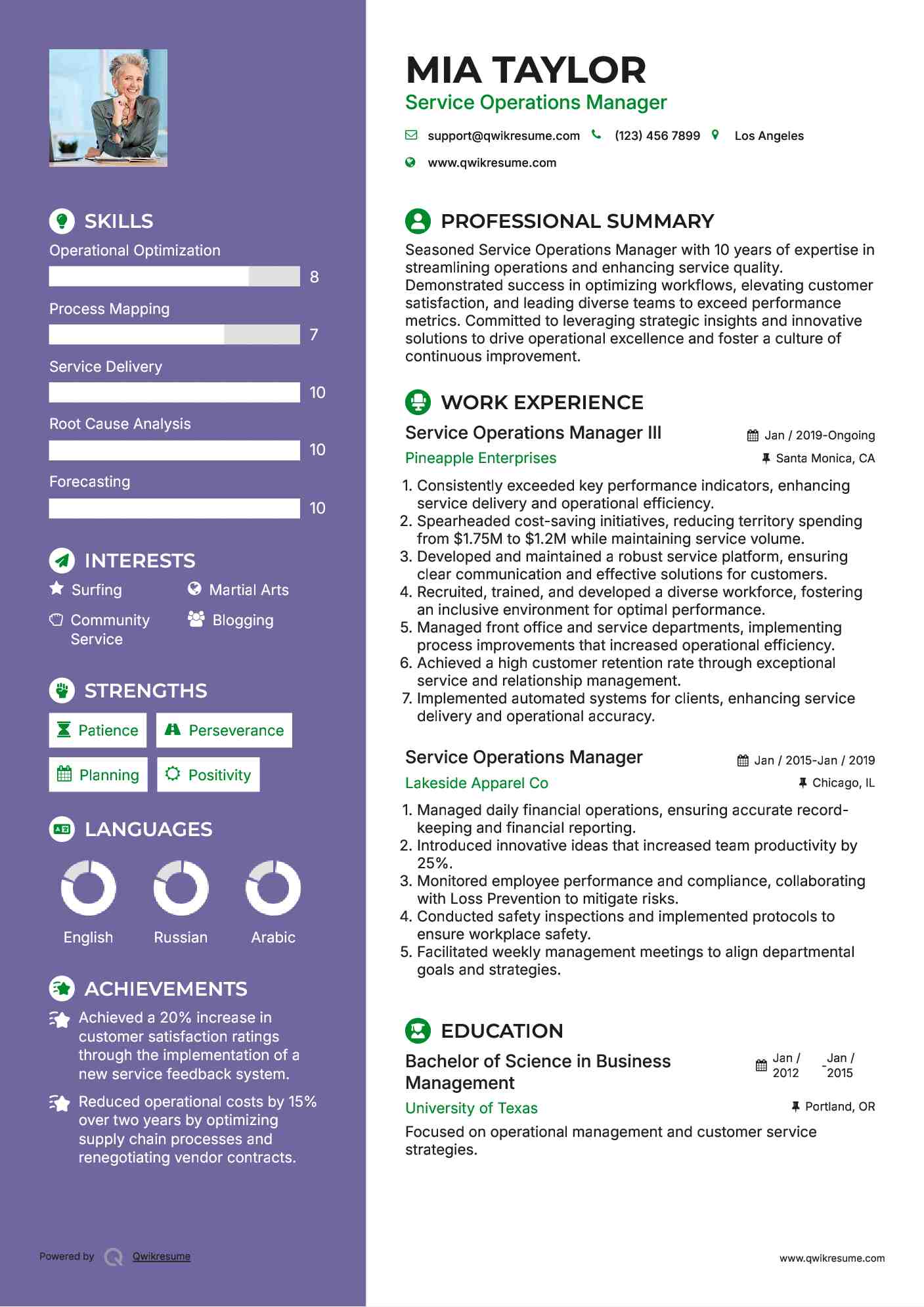 Service Operations Manager III Resume Model