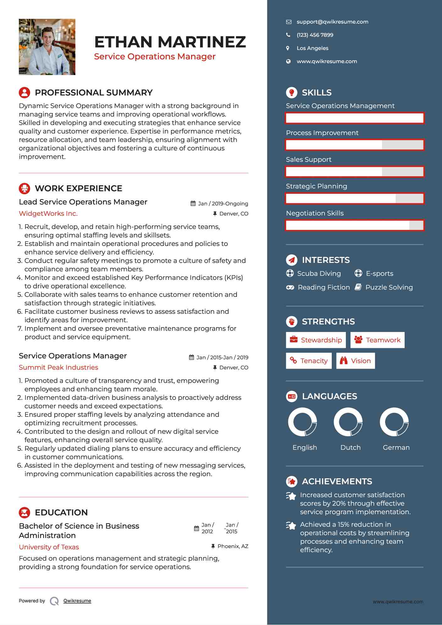 Lead Service Operations Manager Resume Format