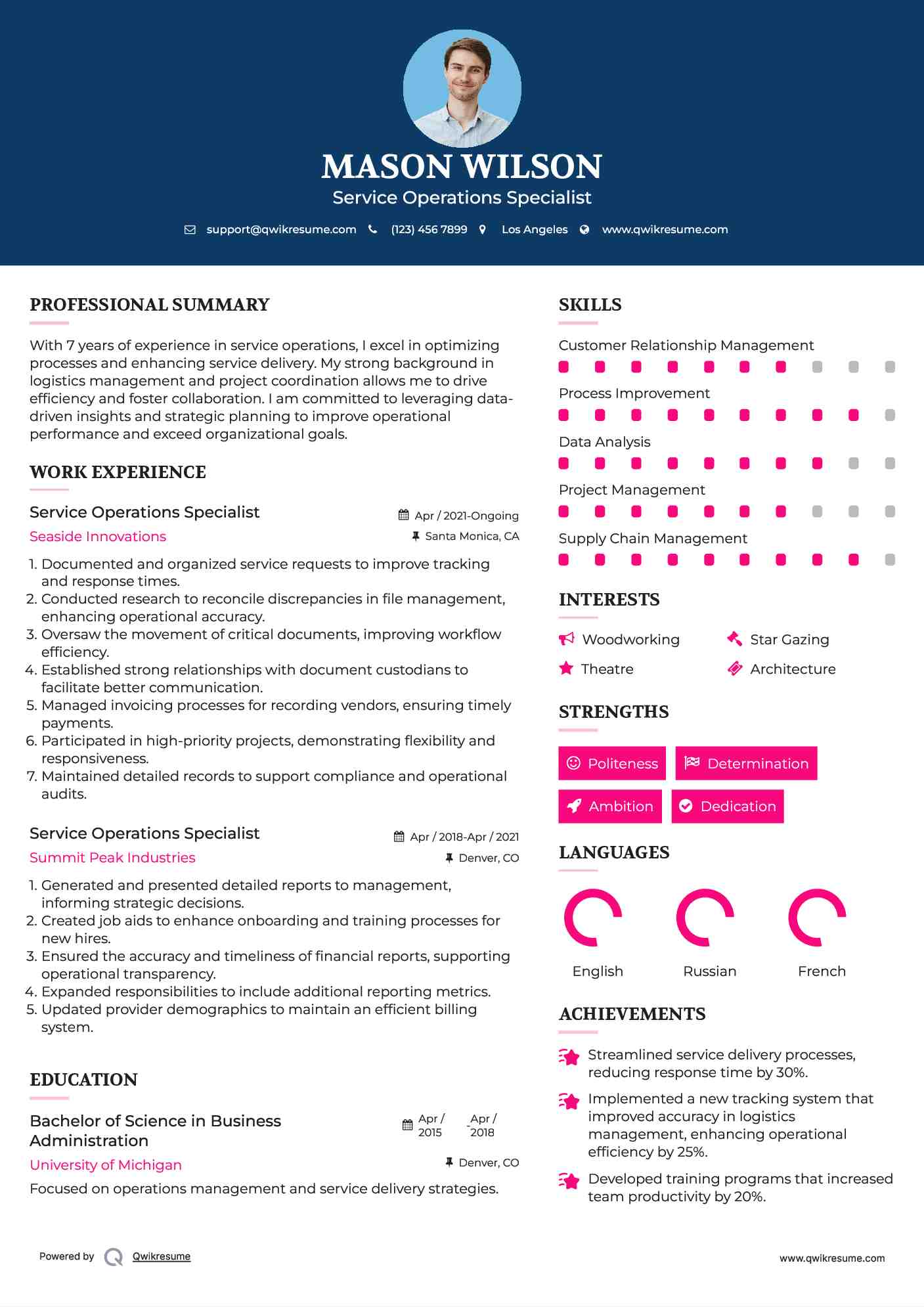 Service Operations Specialist Resume Sample