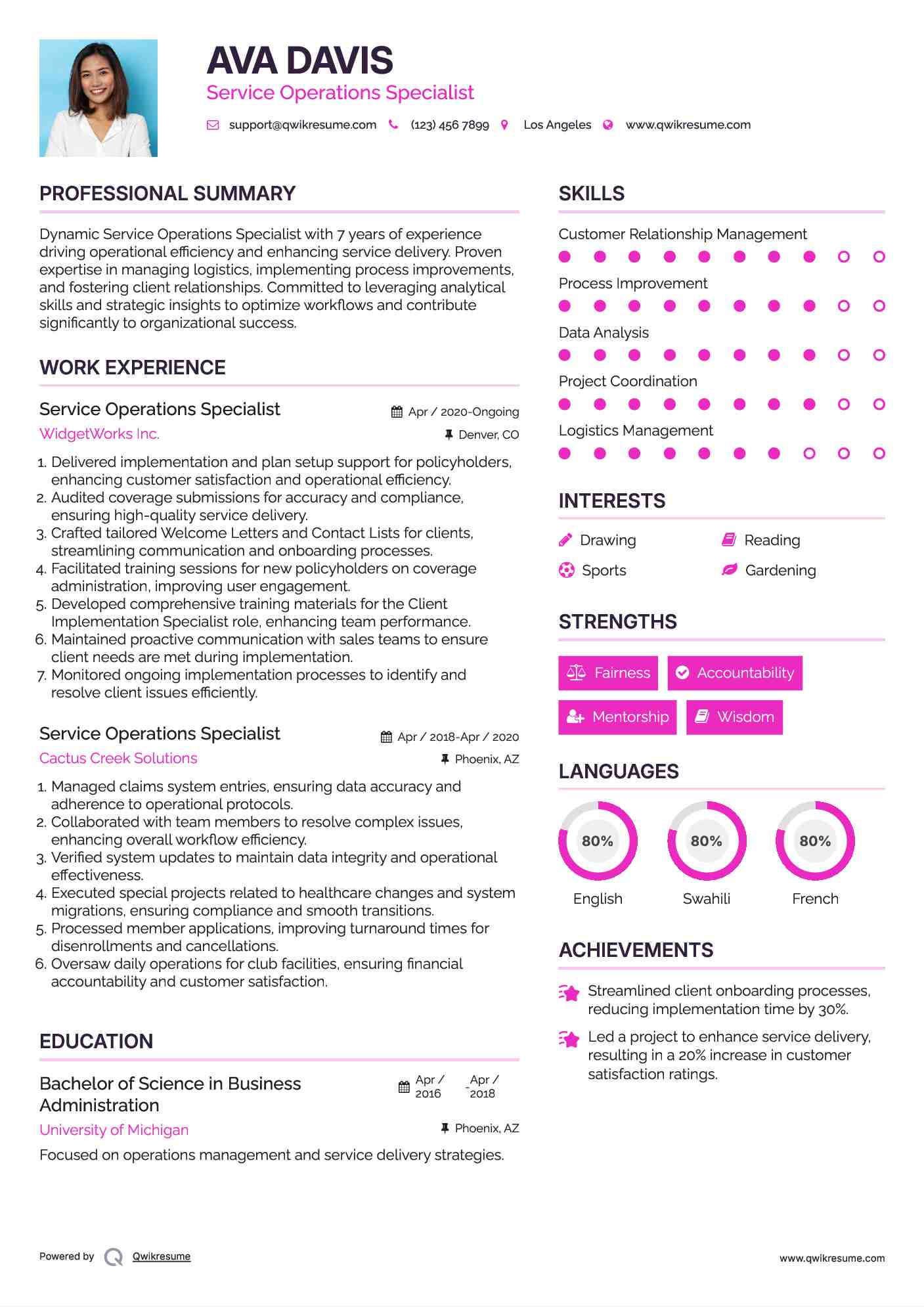 Service Operations Specialist Resume Format